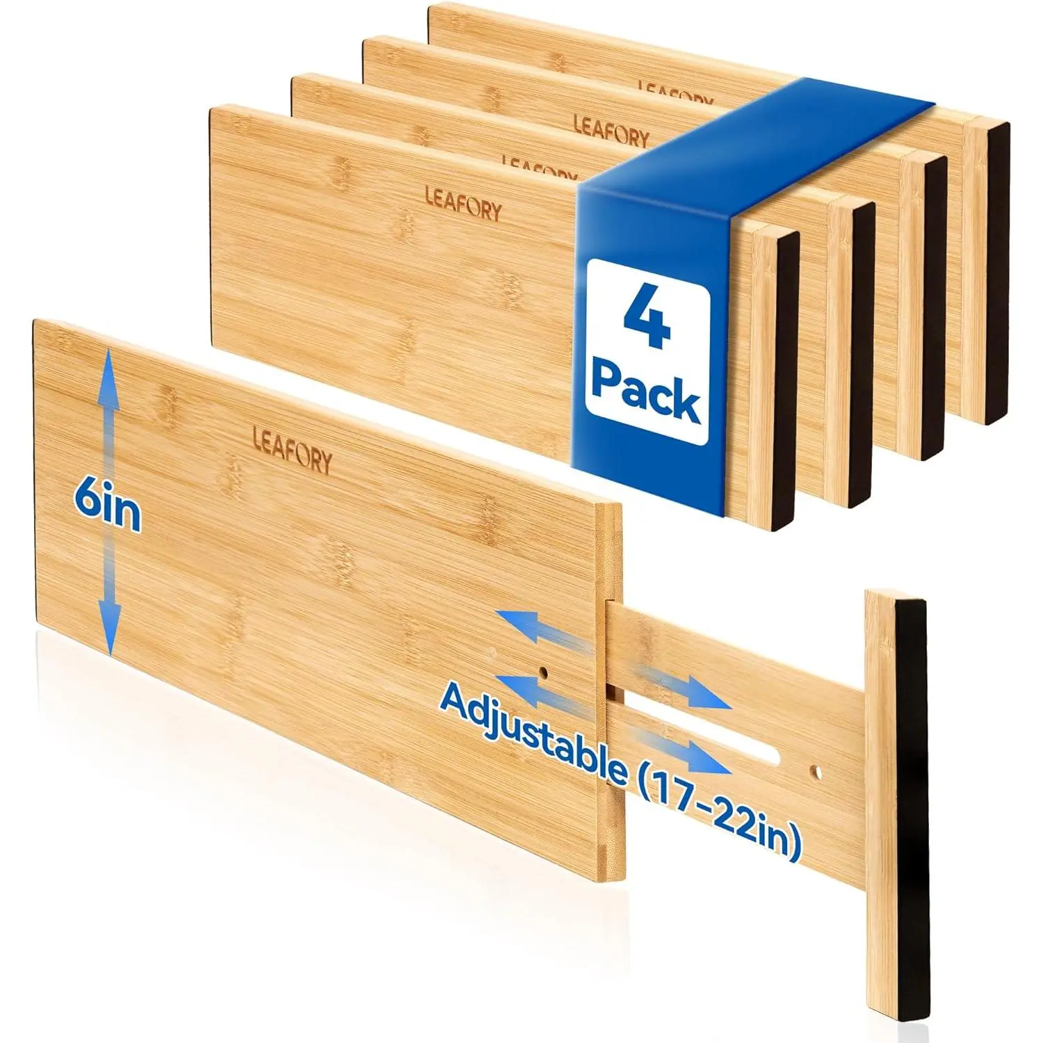 4 Pack Deep Drawer Dividers, 6" High Bamboo Expandable Drawer Organizers, 17-22" Adjustable Tension Separators, Large Drawer Dividers for Kitchen, Bedroom Dresser, Baby Nursery & Bathroom