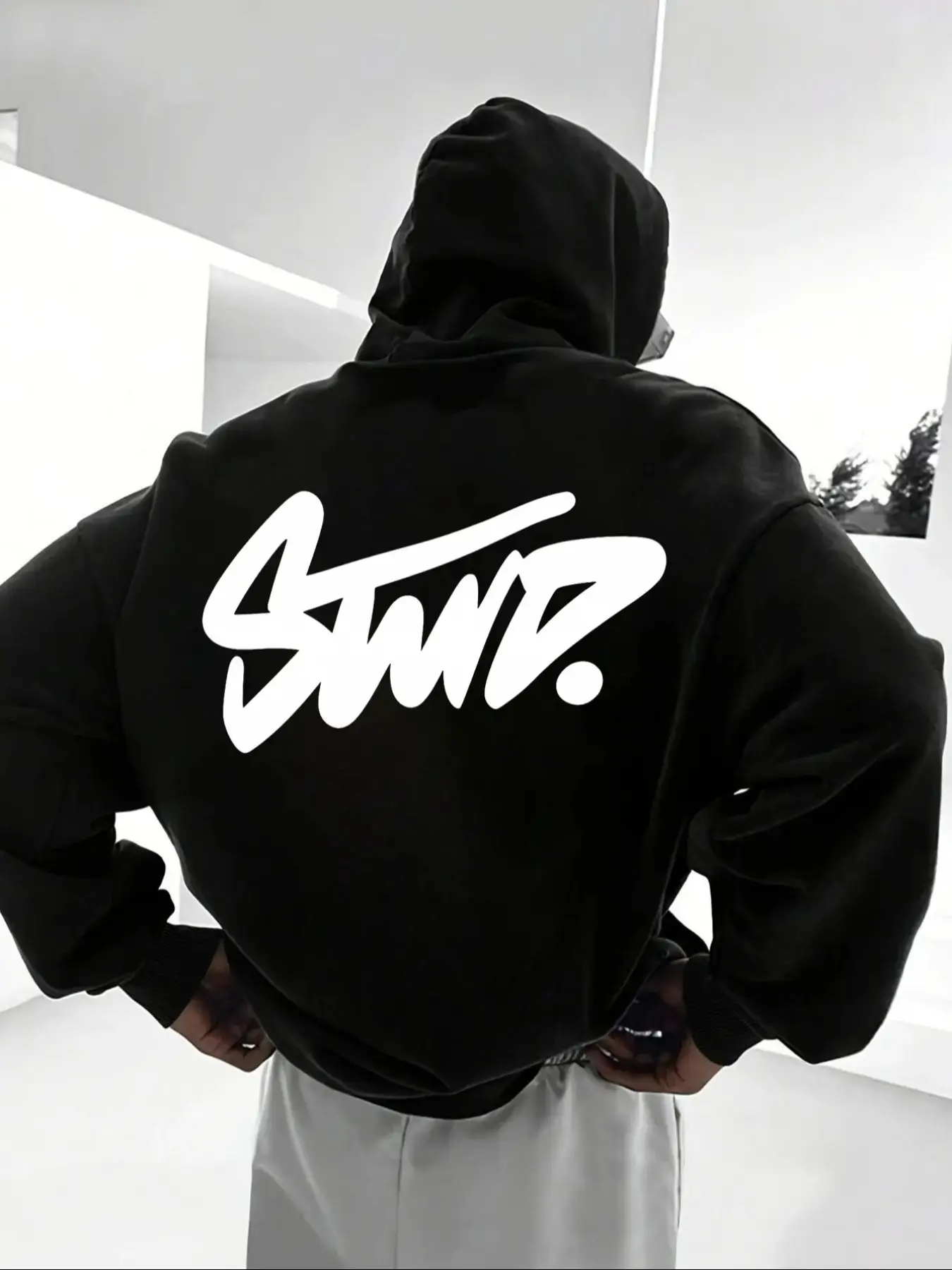 High Street Stwd Handwritten Graffiti Print Hoodie for Men, Loose Fit Drop Shoulder Pullover, Fall Winter Casual Wear