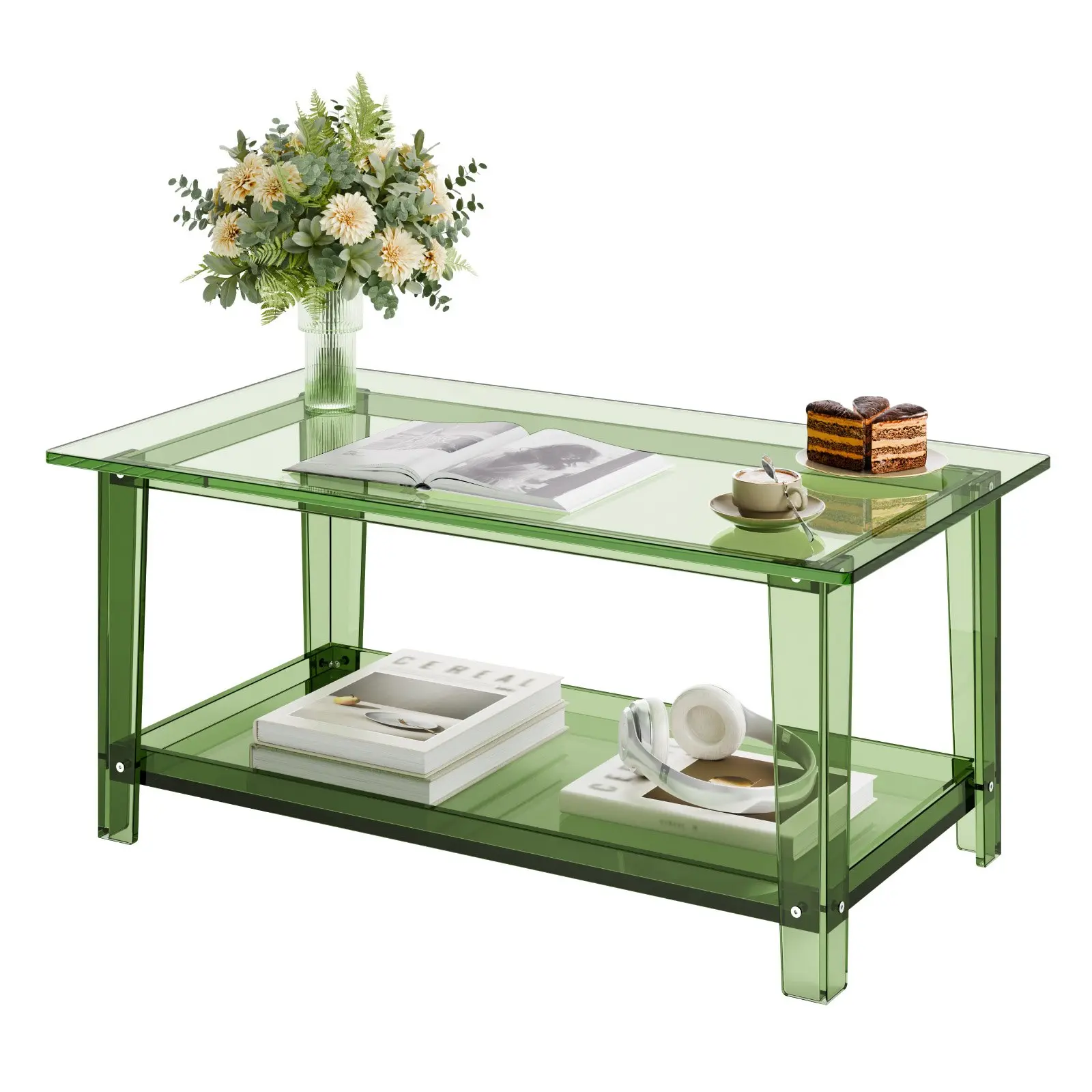 Acrylic Coffee Table, 2 Tiers Center Table with Storage Shelf, Modern Rectangle Acrylic Coffee Desk, Ideal for Dining Room, Kitchen Island, Restaurant, Office, 19.7x 31.5x 15.7 in (Green)