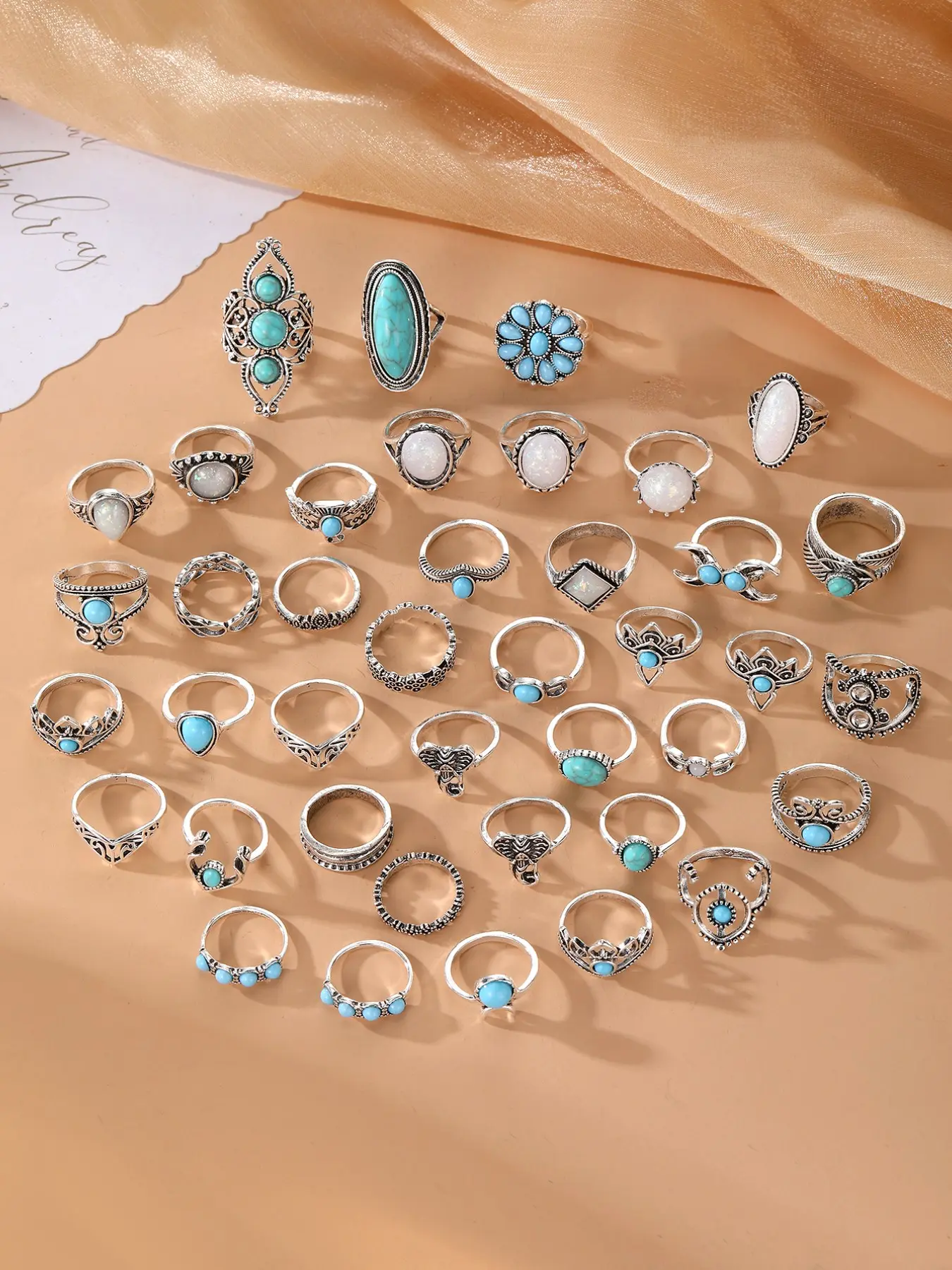 Random Turquoise Texture Ring Set, Boho Bohemian Style Jewelry for Women & Girls, Trendy All-match & Exquisite Jewelry for Birthday Gift