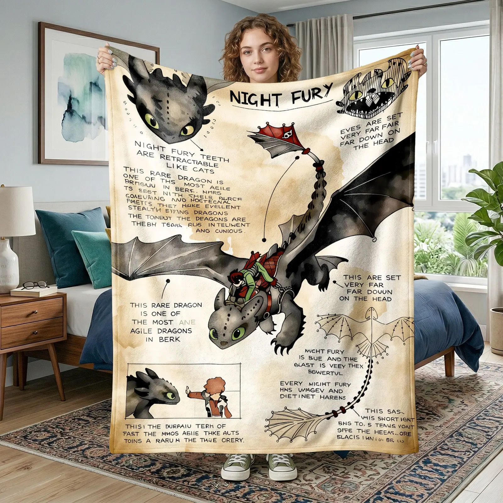 1pc How to Train Your Dragon Night Fury Field Guide Themed Fleece Blanket, Cozy Warm Blanket, Toothless & Dragon Characters Hand-Drawn Print, Fantasy Illustration Style, Soft Multi-use Throw for Sofa, Bed, Ideal for Christmas Gifts
