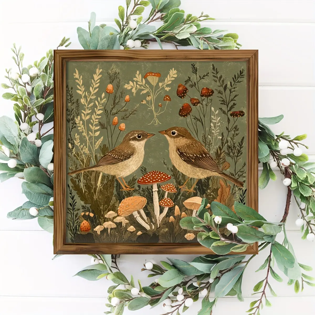 1pc Rustic Two Birds and Mushrooms Forest Autumn Theme Frame Wooden Sign Wall Art, Wall Decoration, Vintage Style Wall Decor for Living Room, Bedroom, Farmhouse, Kitchen, Office, Decorative Sign, 8x8 Inch