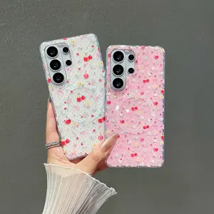 Compatible with S26/S25/S24/S23 | Full-Coverage Anti-Scratch Anti-Drop Case, Lovely Cherry Glitter Printed Casing with Built-in Magnetic Function HNZ0048