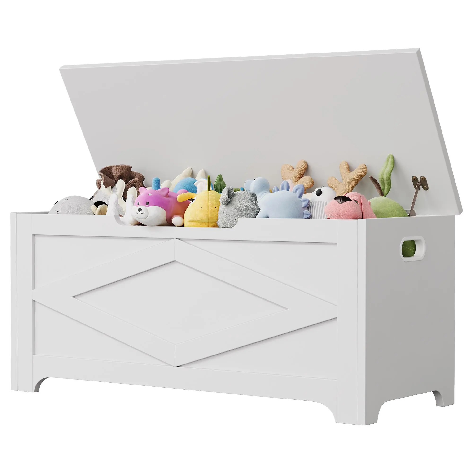 Heavy Duty Engineered Wood Farmhouse Storage Chest Bench - Single-Seat Rectangle, Enhanced Safety Hinges, 300 lbs Capacity, Side Handles, Easy Maintenance Organizer, 15.7”D x 39.4”L x 17.7”H, for Entryway/Bedroom, Modern Rustic Indoor Stool