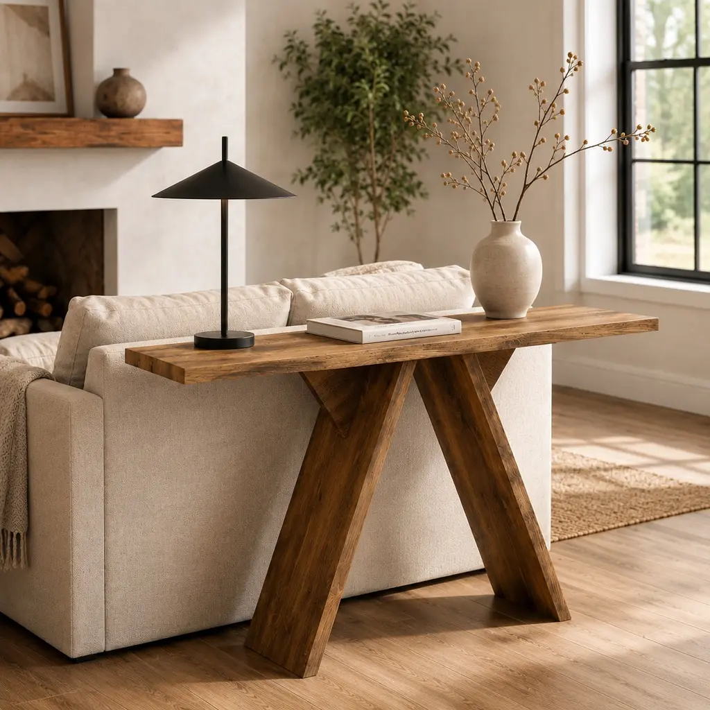 ARCH Console Table 43.4 Inch Narrow Entryway Table with V-Shaped Base, Rustic Sofa Table for Living Room Hallway Behind Couch, MDF Wood Natural Finish, Mid-Century Modern Accent Table for Small Spaces, Natural Wood Color Options, MDF Material