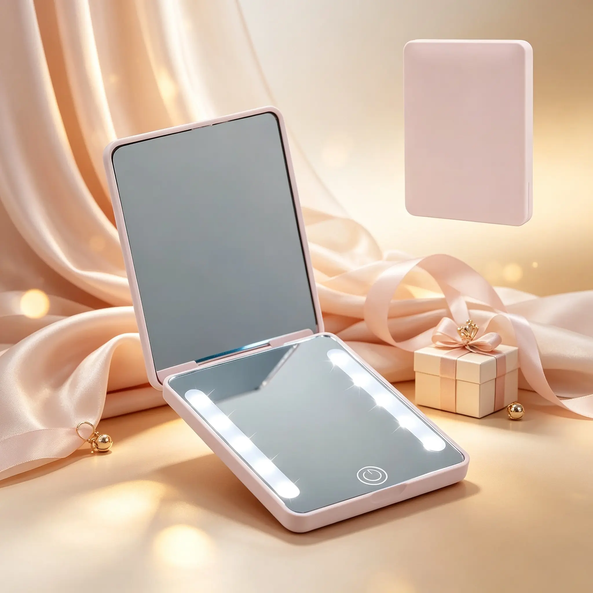 Foldable LED Makeup Mirror, Rechargeable 2x Magnification, 3 Light Modes, Touch Brightness Control, Portable Compact, Lighted Mirror, Ideal Gift