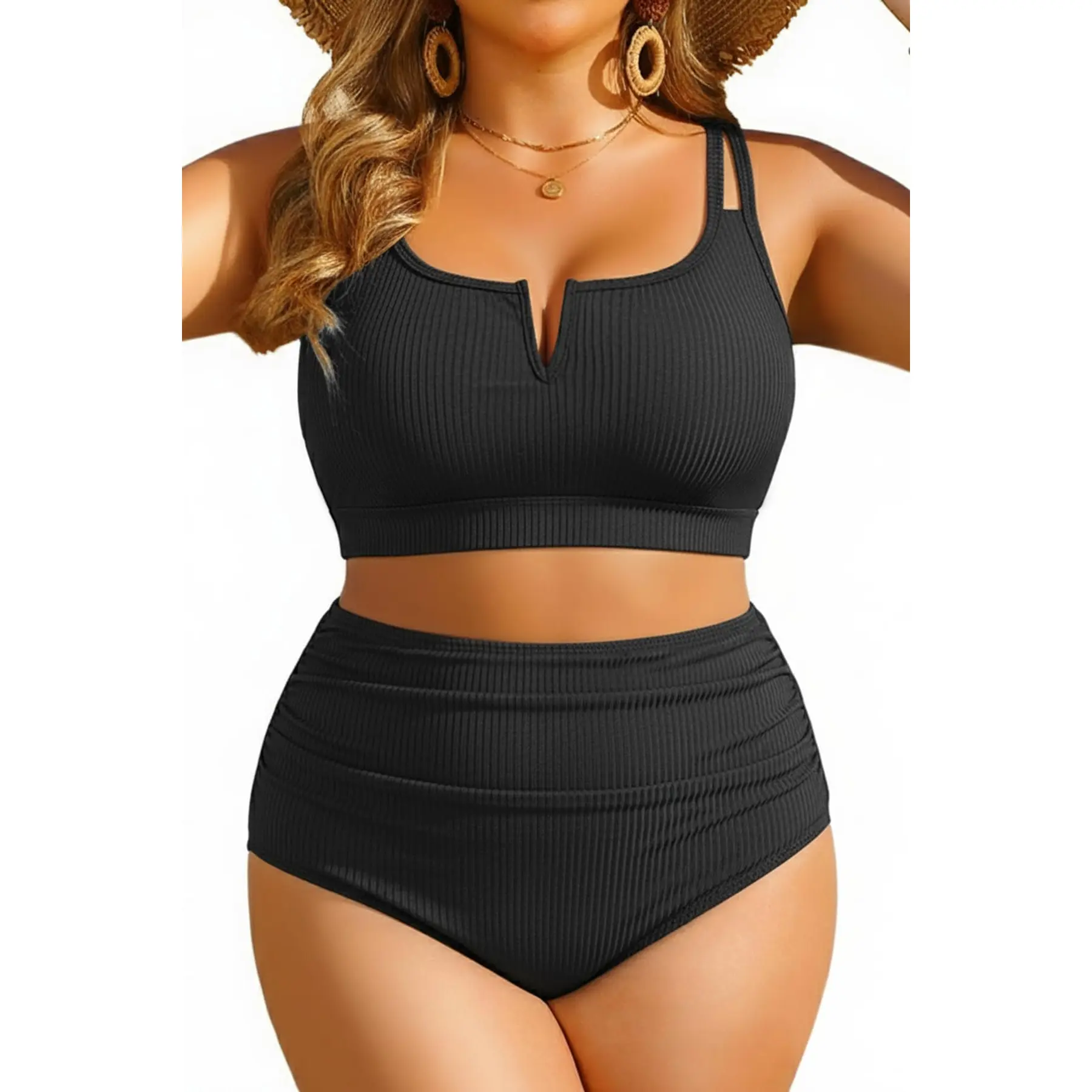 Yonique Women Plus Size High Waisted Bikini - Ribbed Two Piece Swimsuit Tummy Control Bathing Suit V-Wired 2026 Swimwear