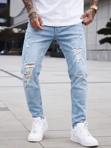 Men's Trendy Washed Ripped Jeans, Fashionable Versatile High-Rise Casual Pants, Durable Comfort Design Style, All-Season Wear