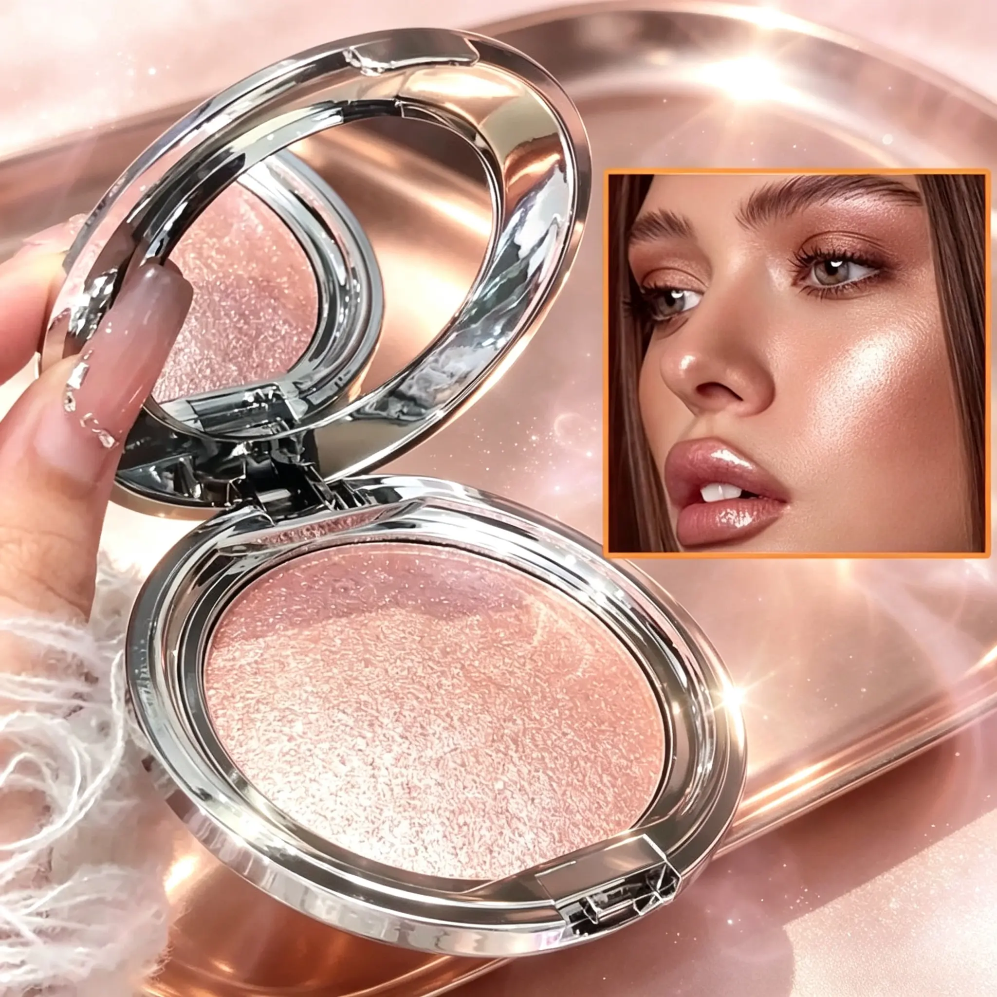 Sculpting Highlighter Powder, Cool Silver / Nude Pink / Milk Tea Gold Shades, Soft Shimmer For Plump Hydrating Glowing Skin, Face Highlighter