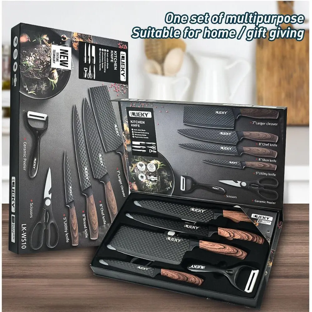 6/7PCS Kitchen Knife Set High Carbon Stainless Steel Chef Knives with Wooden Handle Ultra Sharp Cooking Knife Set with Scissors & Peeler Gift Box#DealsForYouDays