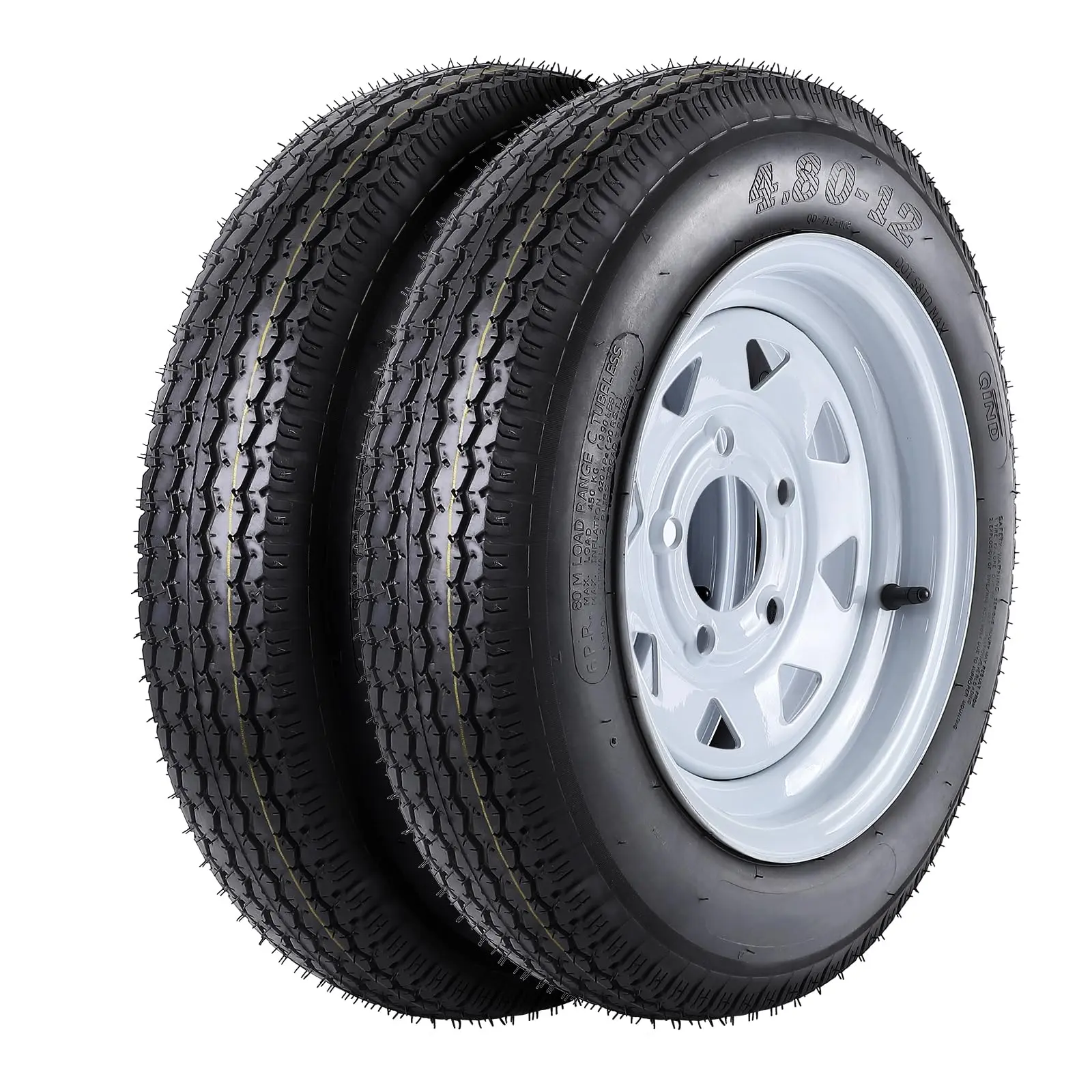 GARVEETrailer Tires Set featuring 2x 4.80-12 and 5.30-12 sizes, 6PR Load Range C, 12" Rims, 5 Lug on 4.5" bolt pattern, suitable for trailers, boats, and motorcycles.