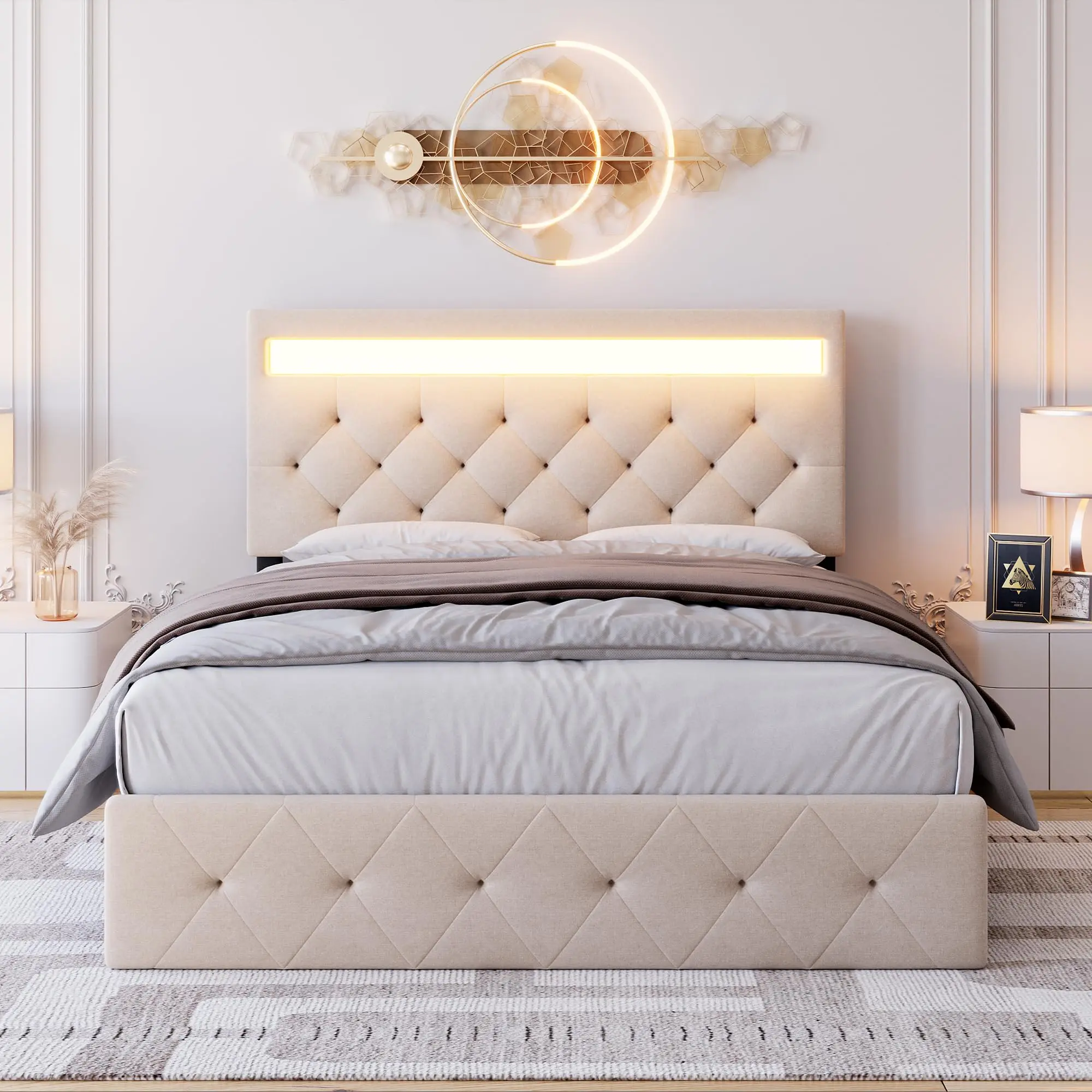 GARVEEQueen Size Upholstered Bed Frame with Adjustable Headboard, Built-in Charging Station, LED Lights, Heavy Duty Wood Slats, No Box Spring Needed, Easy Assembly, Available in Beige and Grey