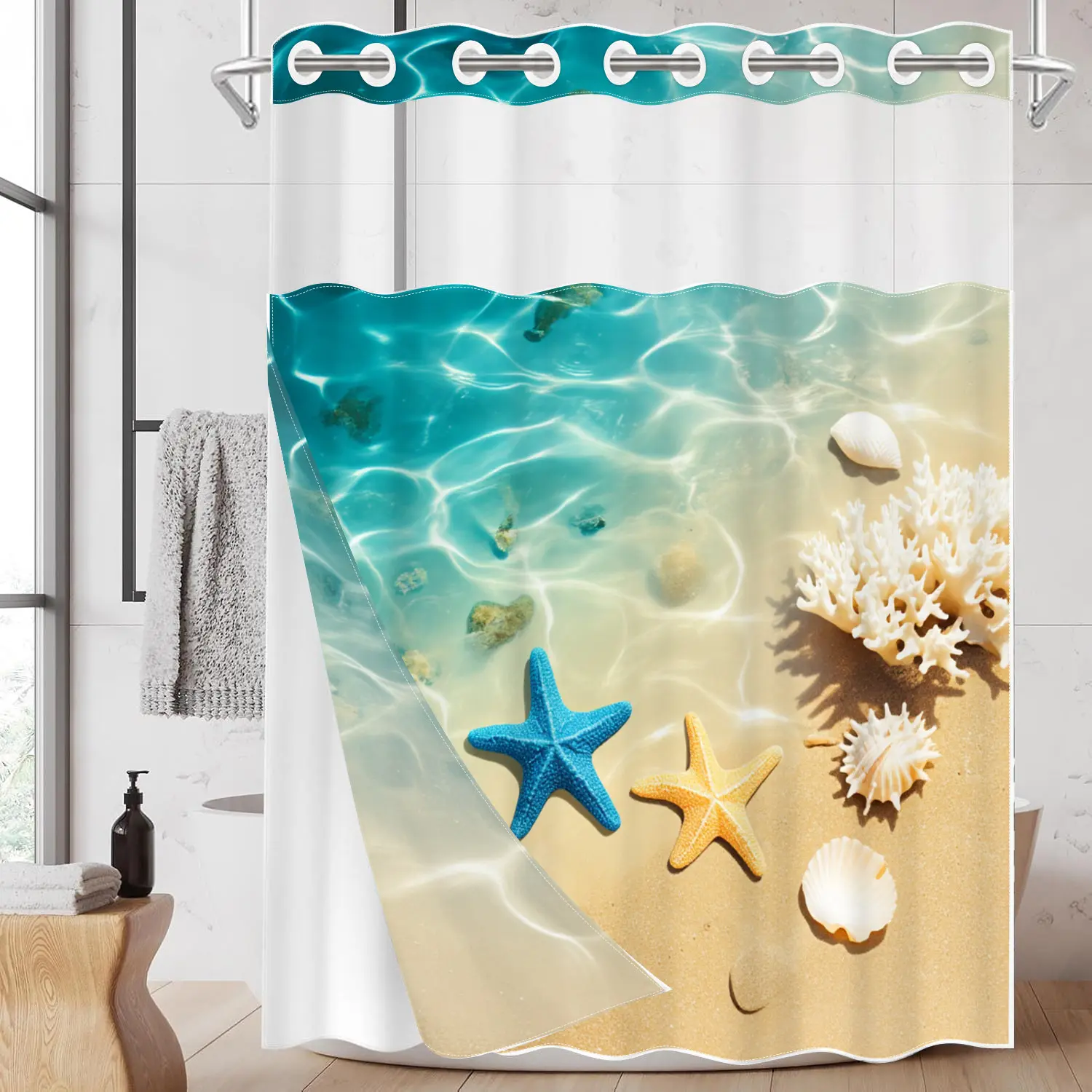 1pc hookless shower curtain, Decorative shower curtain, Modern shower curtain, with buckle lining, blue and yellow starfish beach design, 2D flat printing, fabric waterproof lining, see-through window double-layer, 71 x 74 inches, home decoration