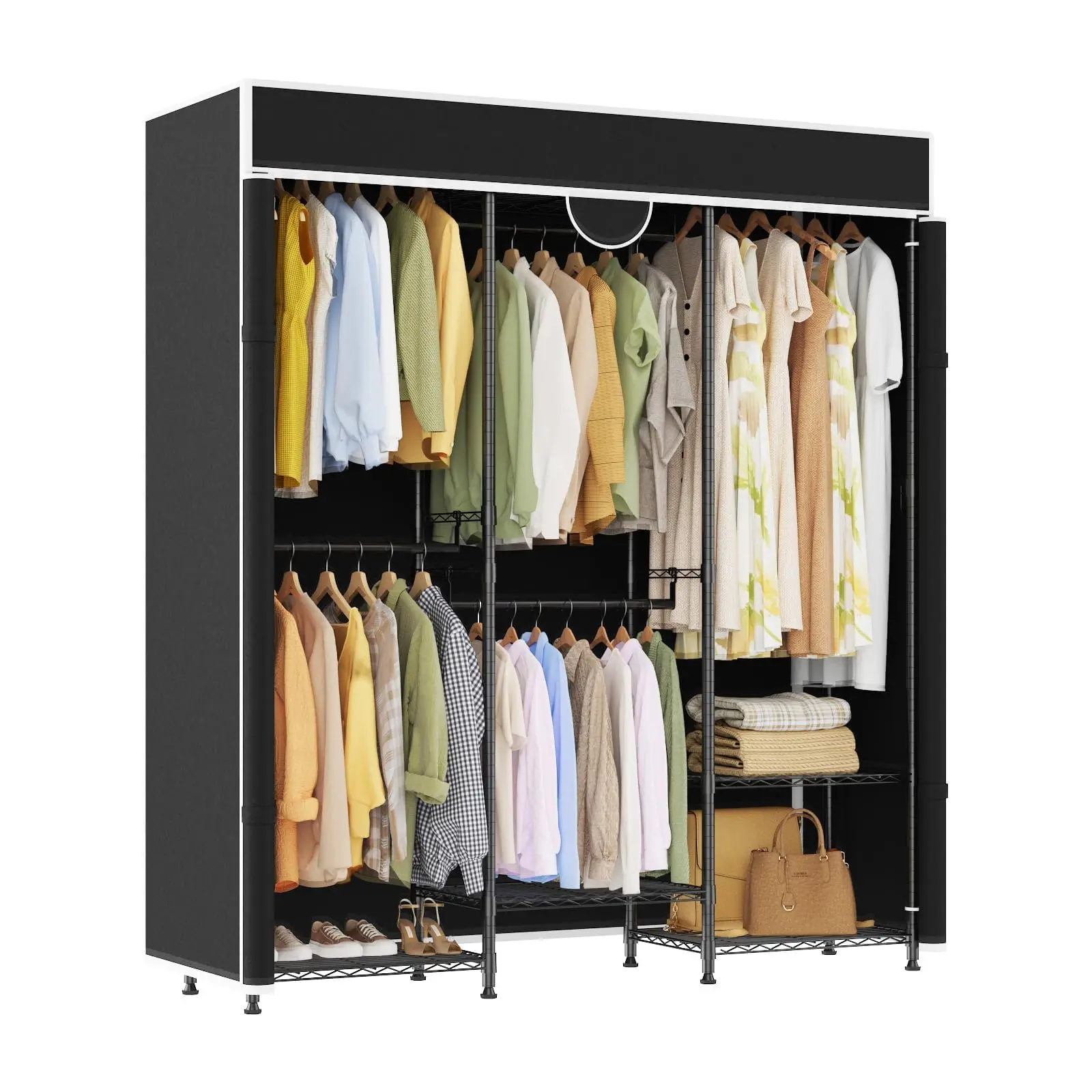 Garment Rack with Cover Rolling Portable Closet Heavy Duty Wardrobe | Adjustable Shelving Hanging Space for Clothes Coats Dresses Bottom Storage Organizer for Shoes Bins Lockable Wheels