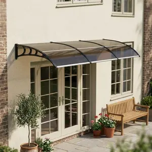 Sturdy Brown Outdoor Canopy, 100x300cm Door Awning with Polycarbonate Panel & Firm Brackets, All-Weather Protection, Great for Home Exterior Use