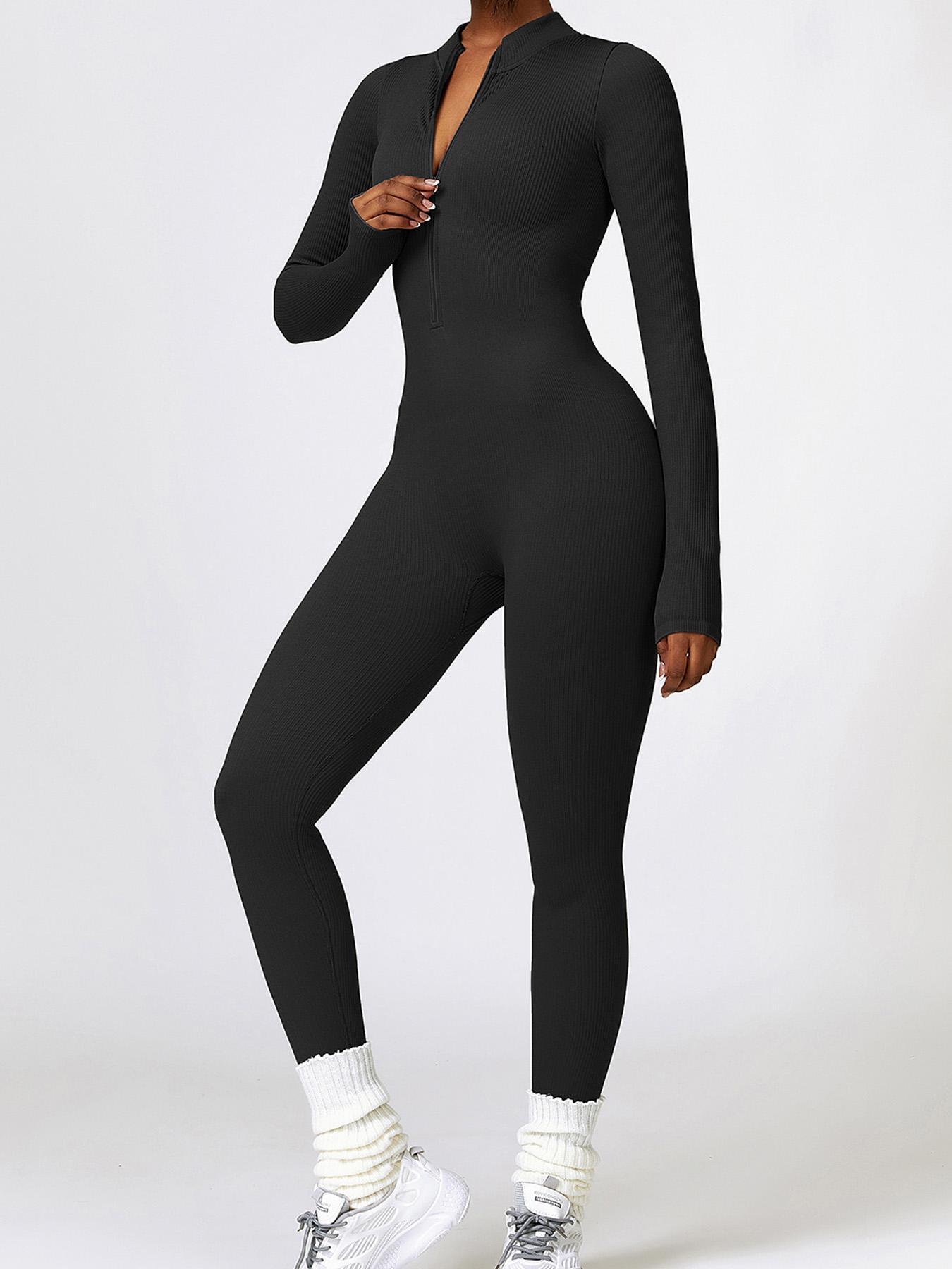 Women's Solid Zip Up Stand Collar Sports Jumpsuit, Fitness Long Sleeve Seamless Jumpsuit for Yoga Gym Workout, Holiday Outfits, Ladies' Sport Clothes Clothing, Tummy Control
