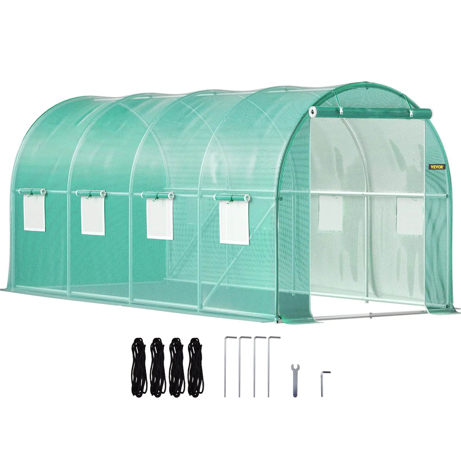 VEVOR 15x7x7 ft Portable Walk-in Tunnel Greenhouse, Outdoor Garden Tunnel House with Galvanized Steel Hoops, 1 Top Beam, Diagonal Poles, Zippered Door, 8 Roll-up Windows for Natural Light & Plant Protection, Green