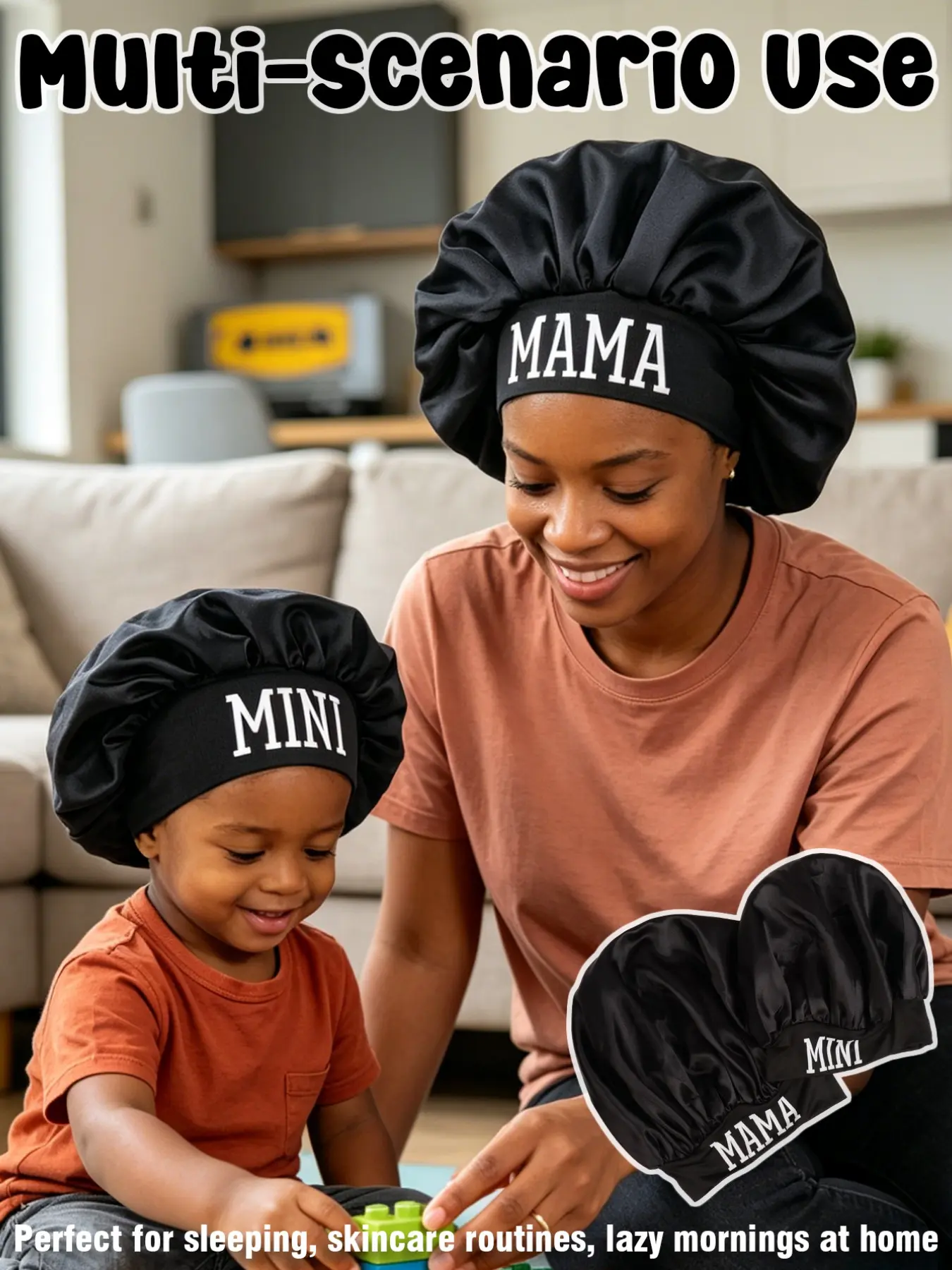 Mom and Me Parent-Child Bonding Family Bonding Matching Sleep Hat, Snug Fit, Soft Elastic Fabric, Safe Comfortable Satin Material, No Head Pressure, Designed for Small Babies