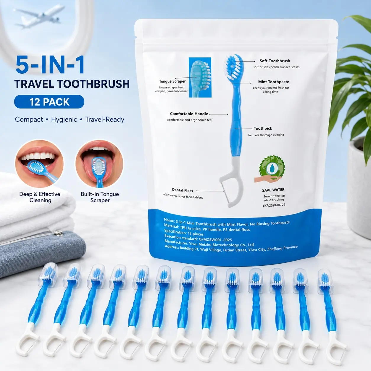 Multifunctional Five-In-One Toothbrush Travel Set, No Toothpaste Portable Design, Ideal for Travel Use, Compact and Convenient