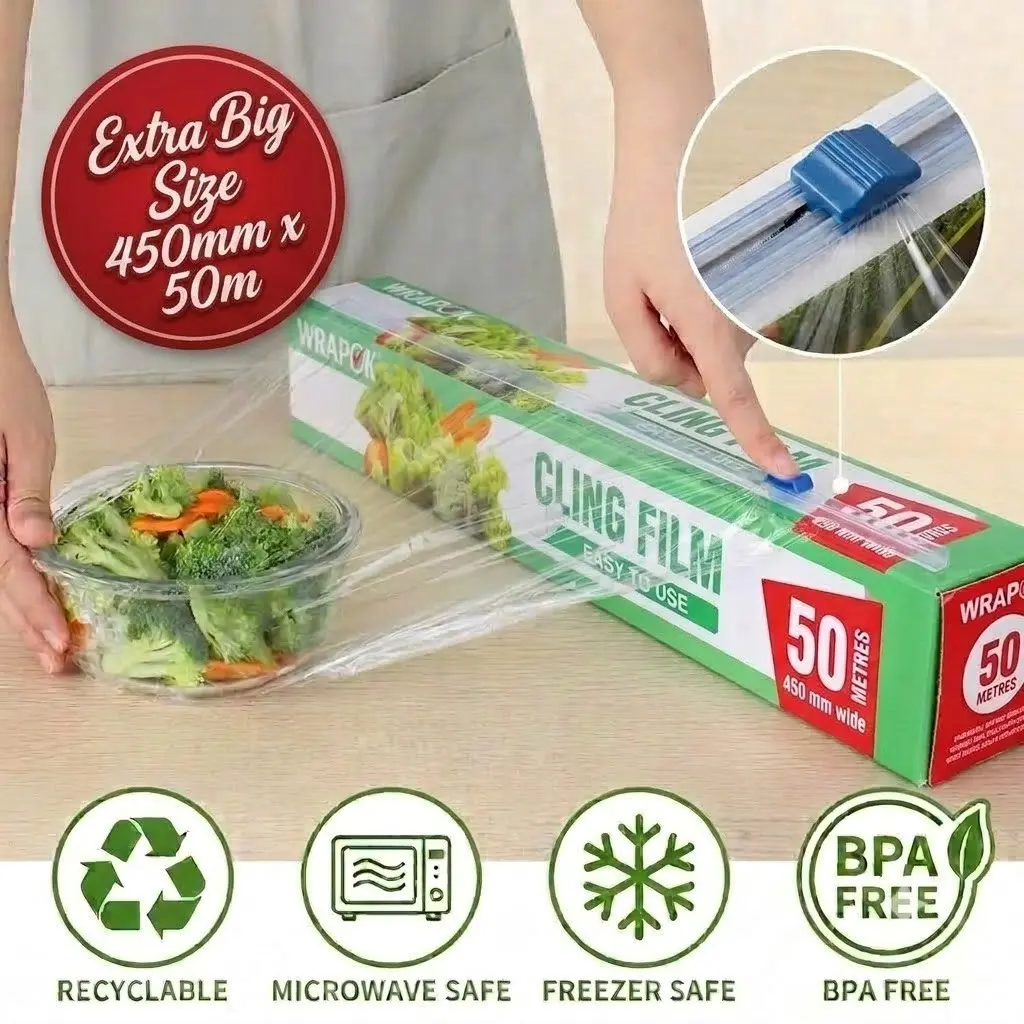 450mm X 50m Catering Cling Film Dispenser and Cutter, Kitchen Plastic Food Wrap, Durable and Easy-To-Use, Perfect for Home Cooking