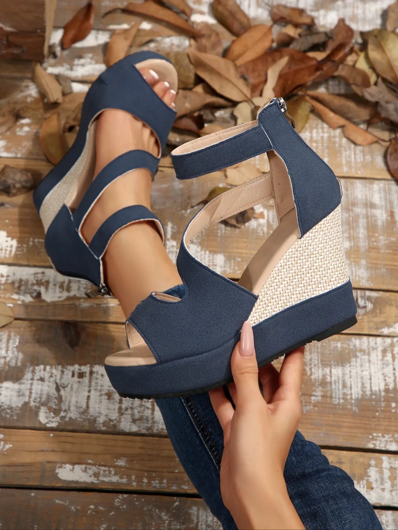 Women's Cutout Suede Back Zipper Ankle Strap Espadrille Wedge Sandals, Open Toe Platform Slip On Mules, Summer Fashion Soft Cushioned Insole Footwear, Lightweight Beach Travel Slides, Casual Holiday Dress Shoes, Wedge Heel Sandals, Espadrille Wedge Heels
