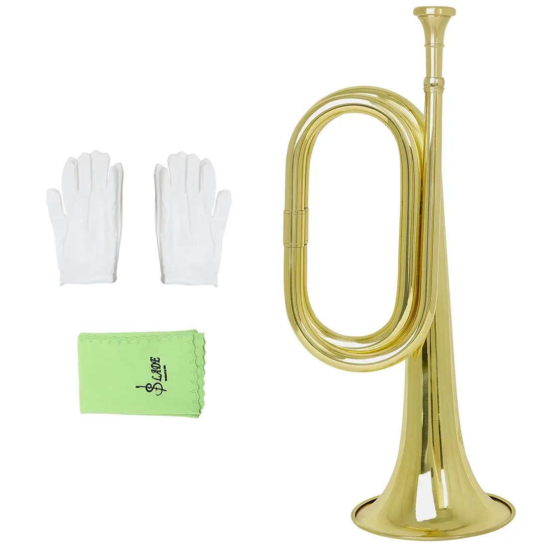 SLADE C Key Spanish Bugle Trumpet, Wind Instruments, Gold Plated Brass, Sound Projection, Accurate Pitch, Bell Diameter 11cm, Height 34cm, Equipped with Mouthpiece & Gloves, Suitable for Military, Orchestra and Holiday Performances
