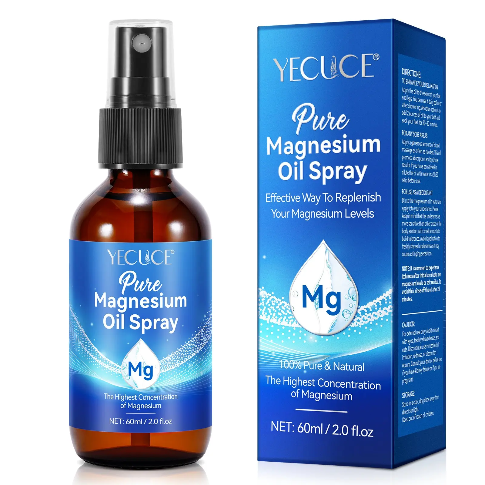 YECUCE Pure Magnesium Oil Spray 60ml, Body Oils, Therapeutic Body Oil, Soothing Oil, Rich in Minerals, Fast-Absorbing, Non-Greasy Formula, Daily Body Care Spray Soothe Skin Tightness and Discomfort, Perfect for Post-Workout