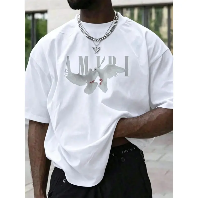 Men’s graphic T-shirt featuring pigeon and letter prints, oversized fit |   Casual hip-hop top, stylish Y2K street fashion apparel cotton clothes jesus tshirt