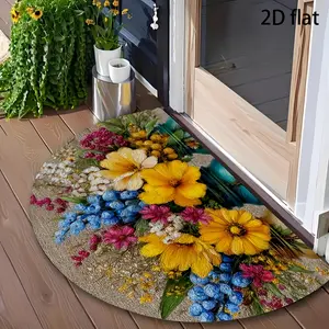 1Pc semi-circular doormat with bright wildflower design, perfect for entrance, corridor, garden or kitchen, polyester material, garden entrance mat | bright door mat, outdoor door mat, home decoration carpet