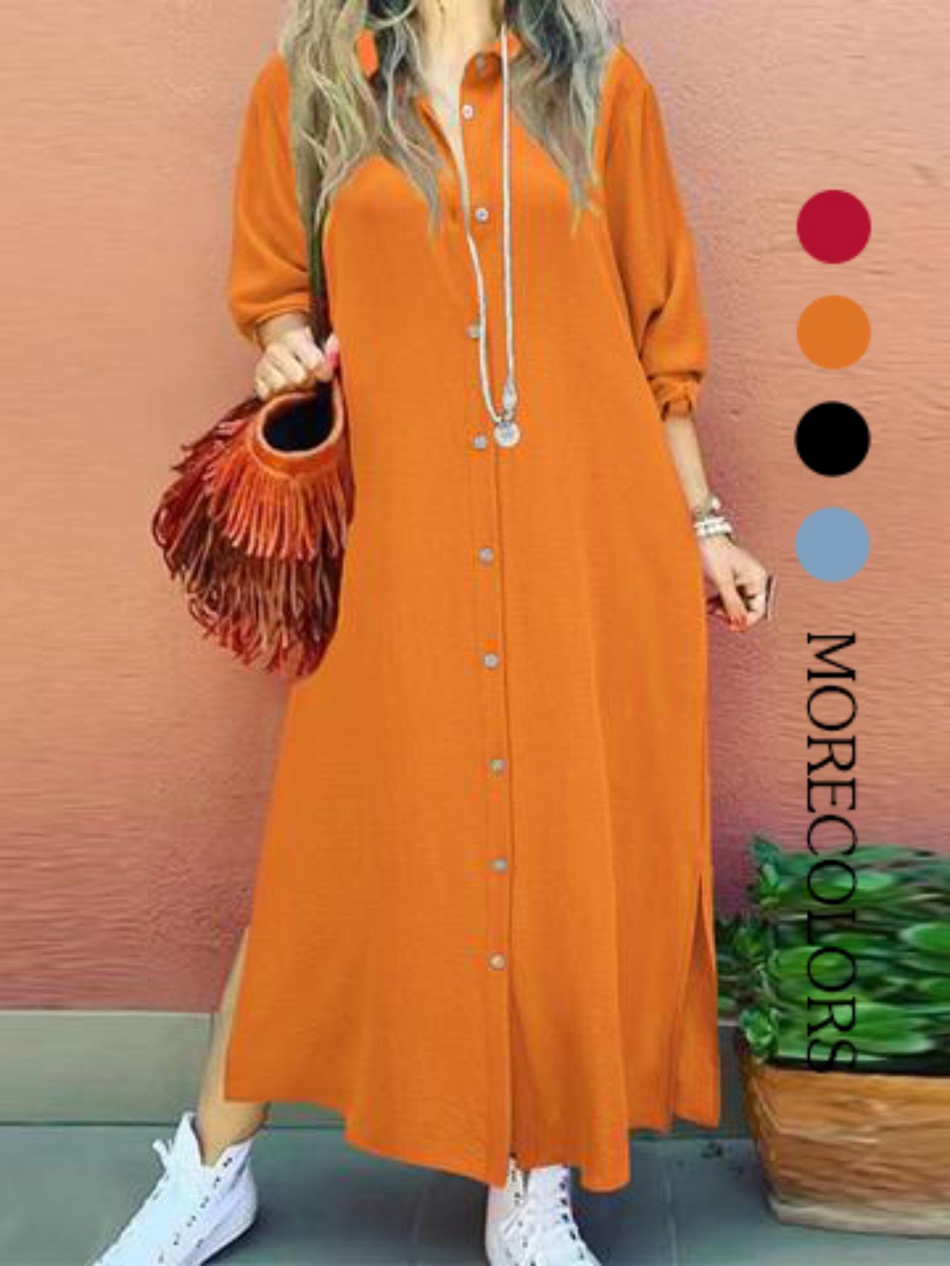 Women's Plain Button Shirt Collar Long Sleeve Dress, Collared Casual Fashion Long Dress for Daily Outdoor Wear, Women's Dress for Spring, Womenswear