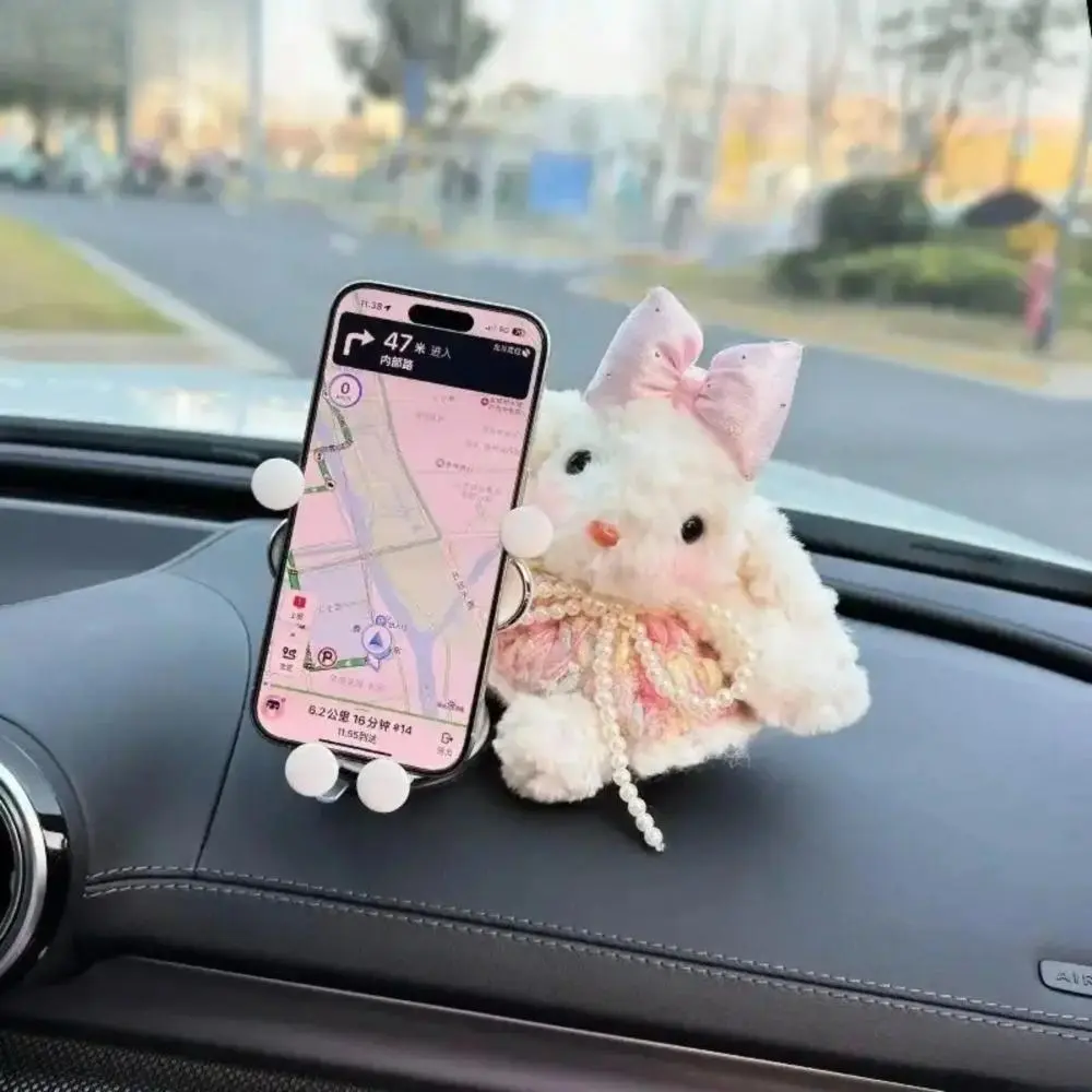 Cute Plush Rabbit Universal Dashboard Car Phone Holder, Girly Bunny Shape Mount Bracket, Stylish Vehicle Interior Decor & Sweet Gift for Valentine’s Day & Halloween, Gifts For Women, Anti-Slipping, Clamp Adjust
