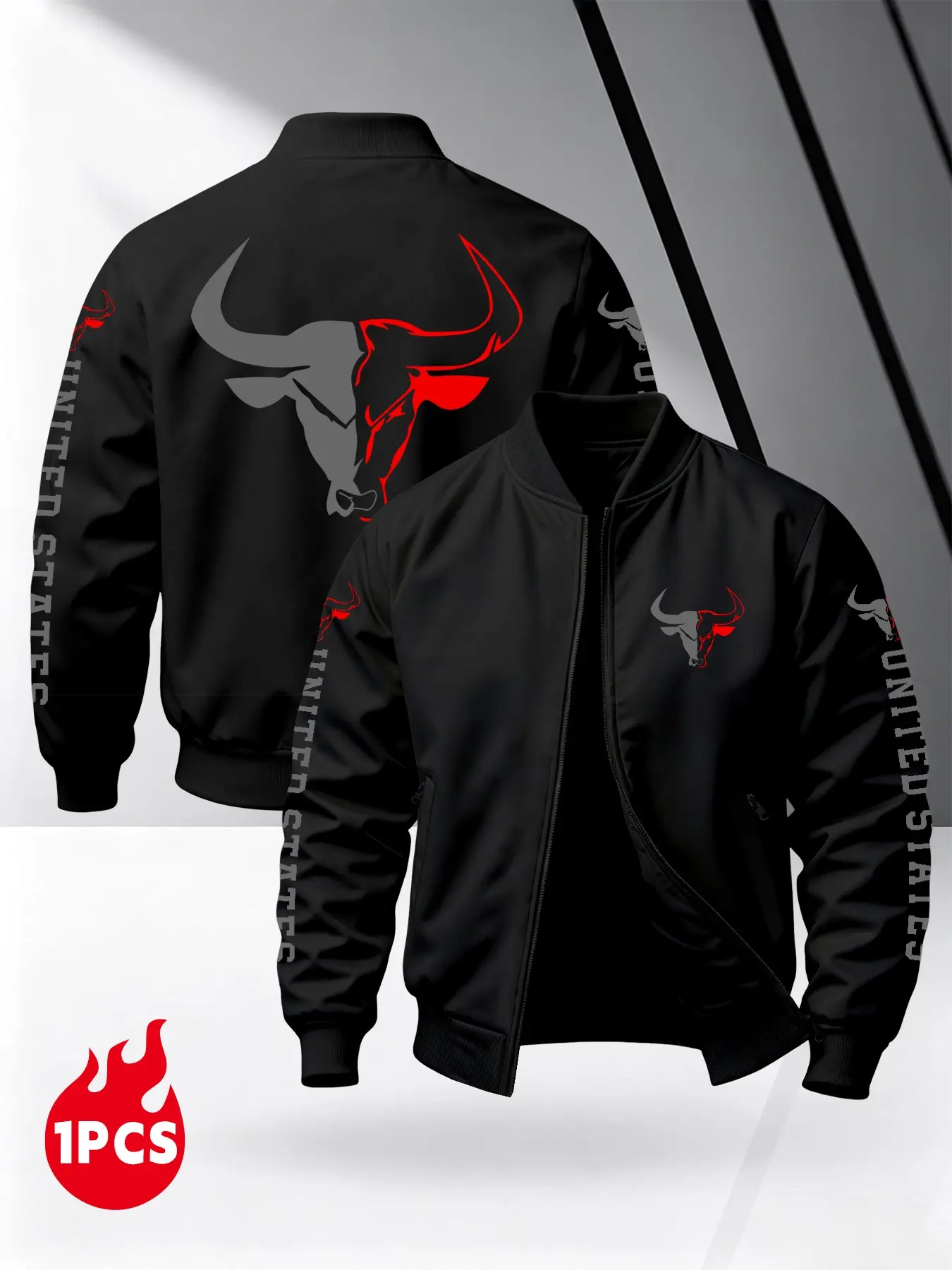 Men's Colorblock Bull Print Flight Jacket, United States Letter Spring Fall Casual Outerwear, Four Colors Available, Zipper Baseball Coat, Long Sleeve