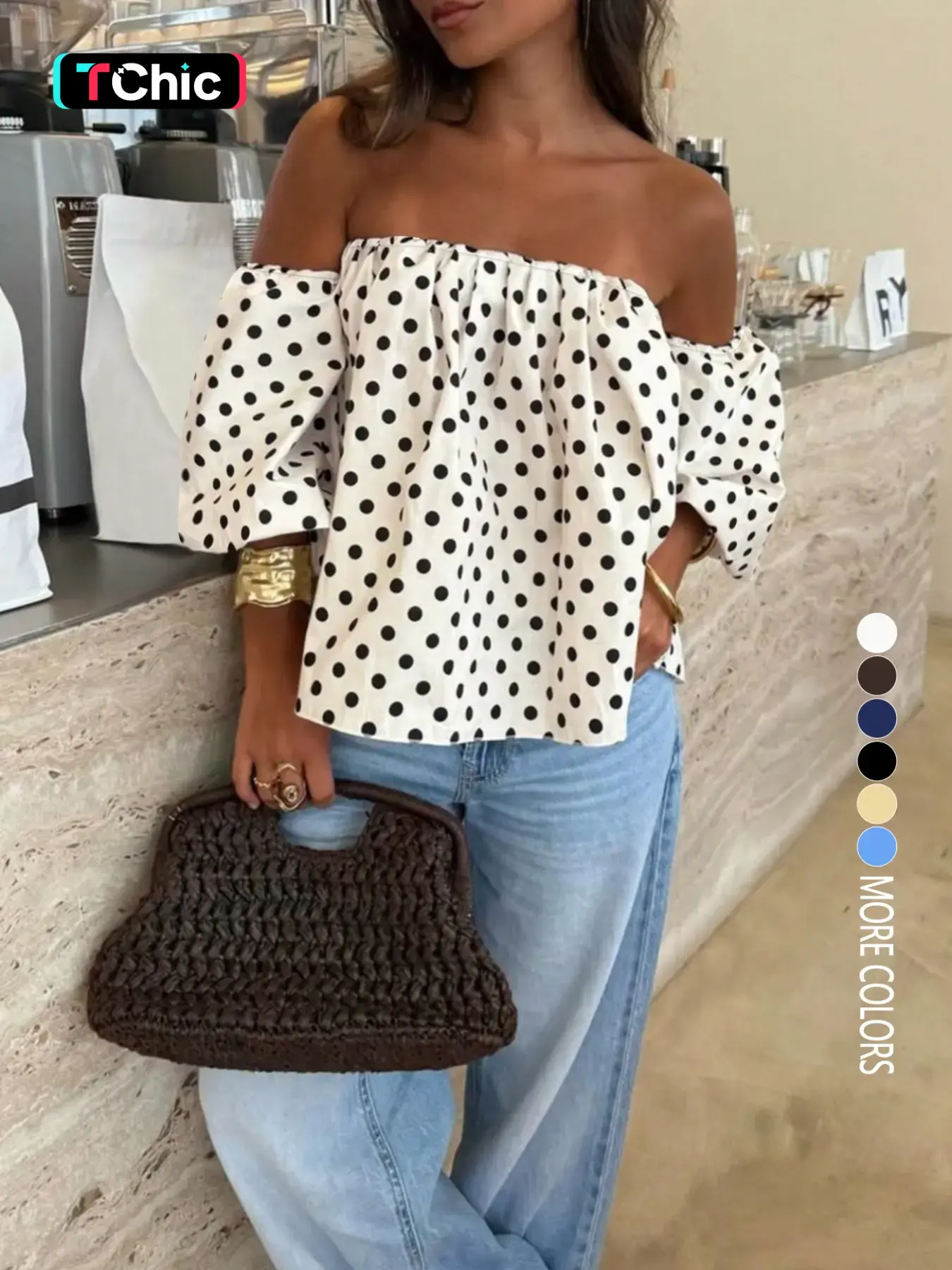 Women's Loose Fit Polka Dot Off-Shoulder Bubble Sleeve Blouse, Stylish Comfortable Lightweight Summer Top for Parties and Events