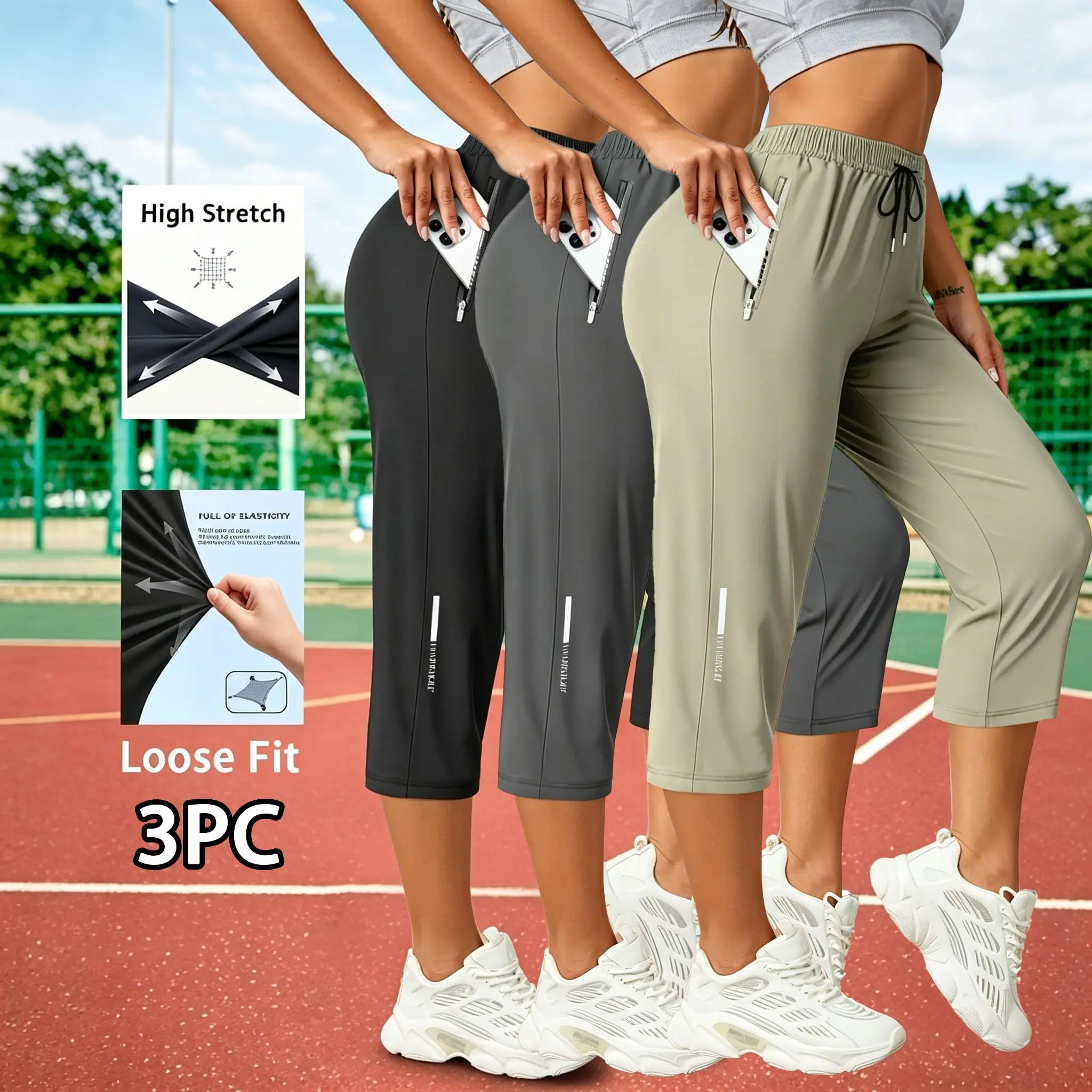 Women's Sporty Chic Ice Fiber Capri Joggers - Elastic Drawstring Waist, Zipper Pocket, High Stretch, Breathable Dry-Wicking, Cropped Running Pants for Casual Outdoor & Workout Use, Dark Khaki