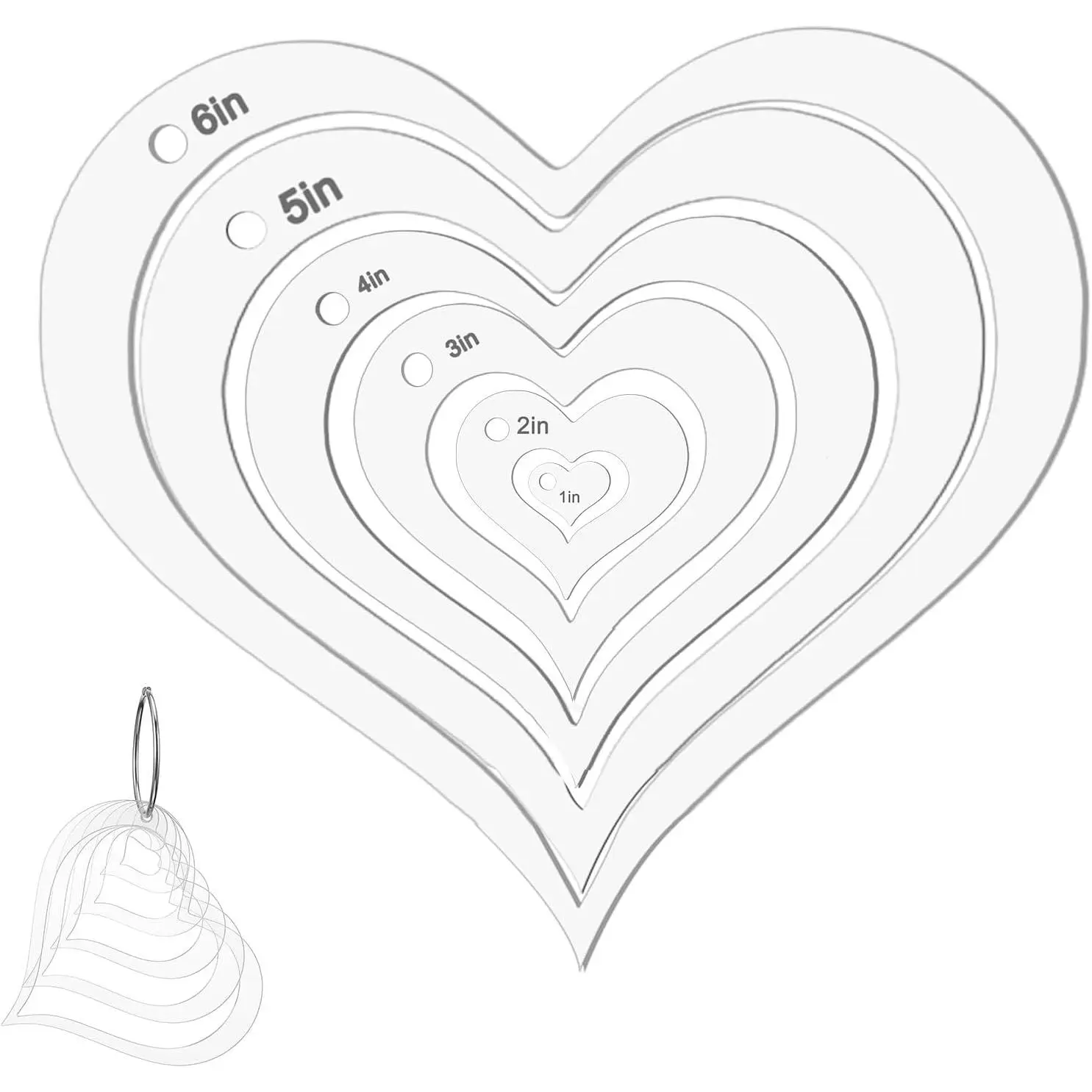 6-Count Heart Quilting Templates Set with Hinged Ring - Transparent Heart Shapes Quilted Ruler for Fabric Marking, Sewing (1-6 in)