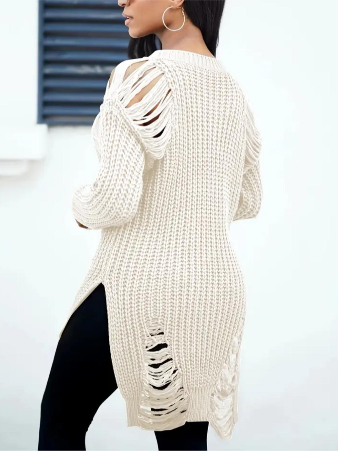 Women's Plain Ripped Split Hem Sweater, Street Fashion Drop Shoulder Long Sleeve Knit Jumper for Daily Outdoor Wear, Women's Knitwear for Fall & Winter, Womenswear