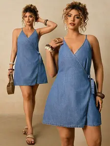 Plus Size Thin Strap Side Tie Denim Mini Dress, Stylish and Comfortable Design, Perfect for Casual Wear, Trendy Fashion Choice, Summer Aesthetic