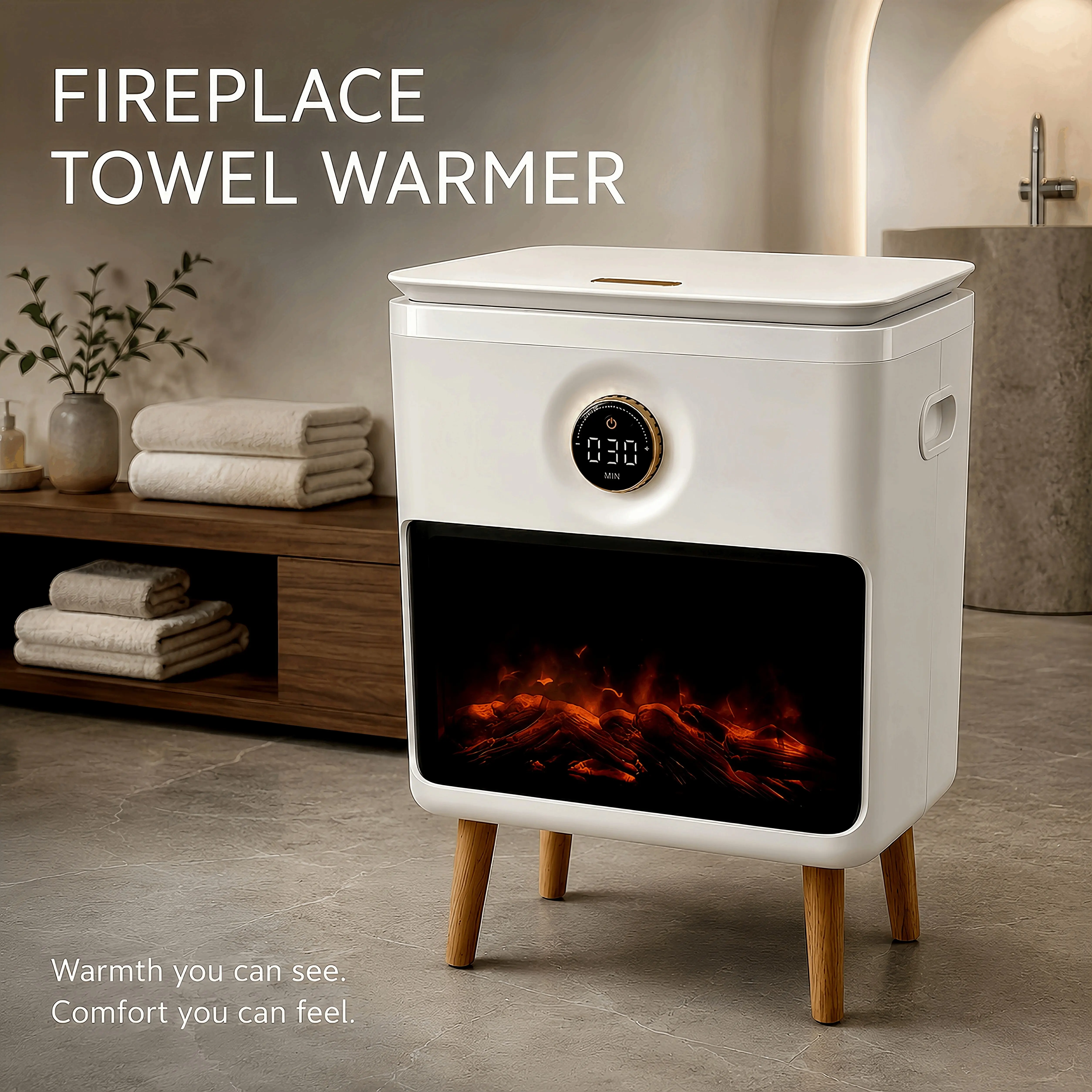 Towel Warmer, 22L Large Luxury Towel Warmers for Bathroom with 3D Flame Screen, Auto Shut Off Even Heated Hot Towel Warmer Bucket for Towels, Bathrobes, Blankets, PJ's, White