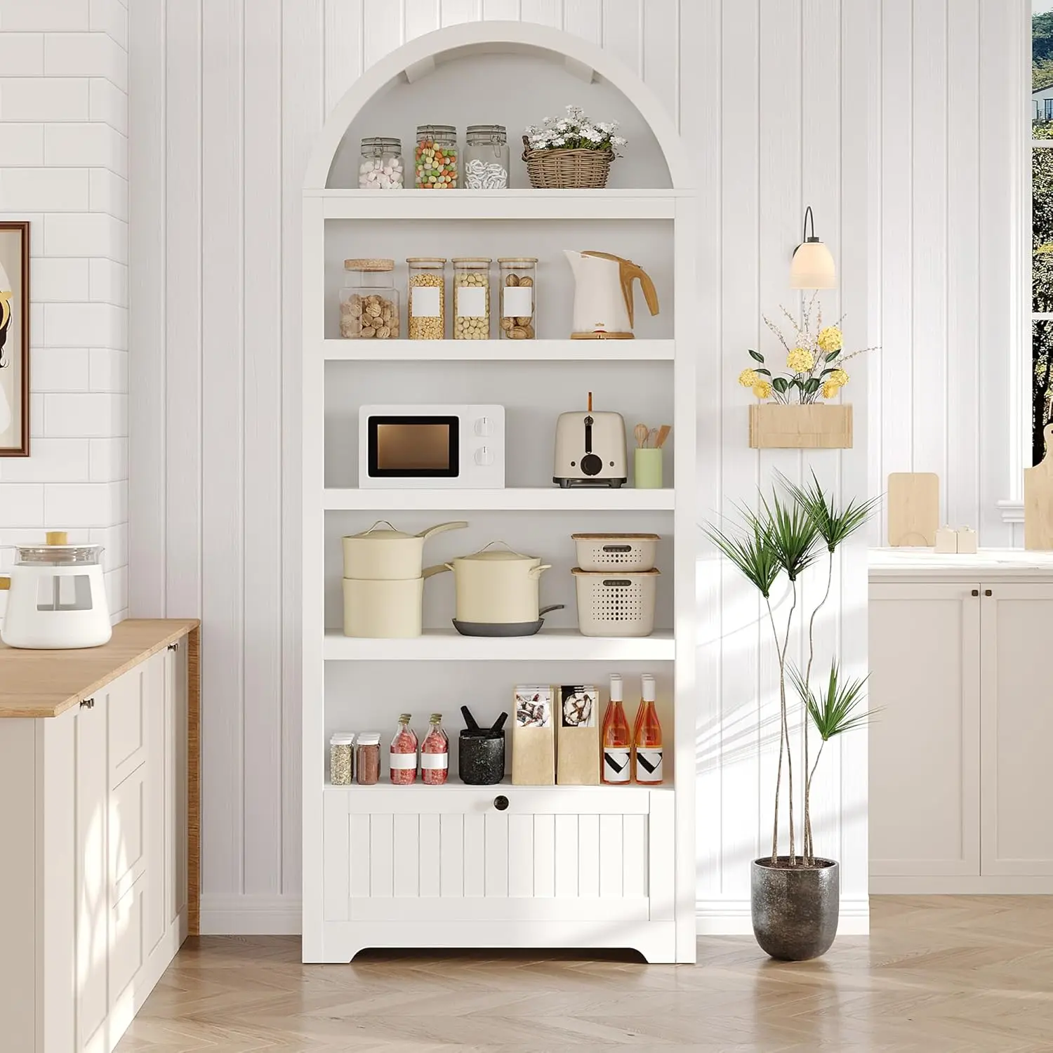 72" Tall Arched Bookcase with Bottom Storage Drawer, Space Saving Slim Display Bookshelf with Adjustable Shelves, Modern Farmhouse Wood Book Shelf for Small Apartment Entryway, Squeak-Free Heavy Duty Storage Cabinet
