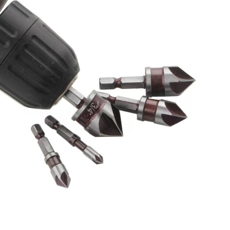 5-Piece Countersink Drill Set, Hex Shank Five-Flute Chamfering Tool, Hard Alloy, Titanium Coated, for Metal Wood Composite Material