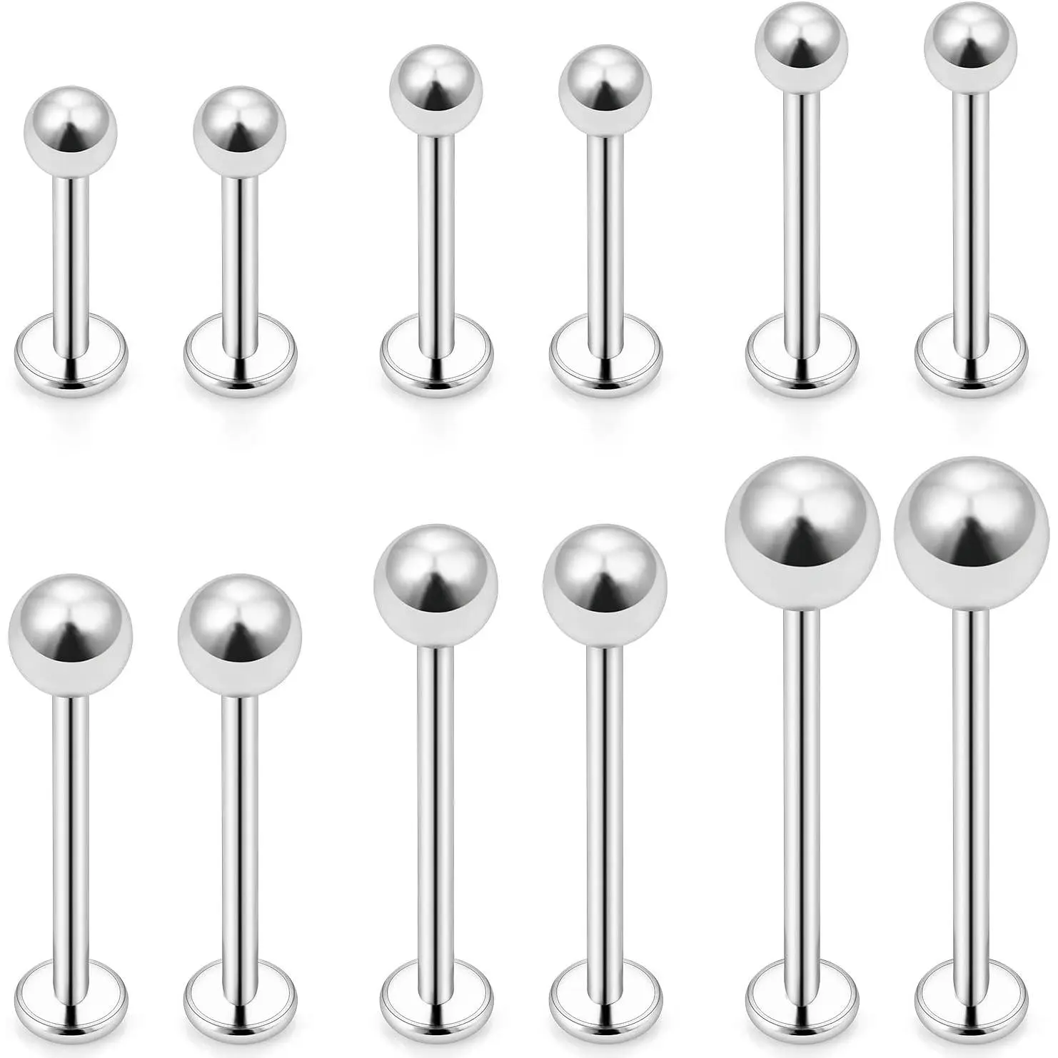12 count 16G Different Sizes Flat  Stud Stainless Steel Labret Ashley Medusa Monroe Dimple Cheek Lip Rings Studs   for Women Men Bar Length 8mm-19mm