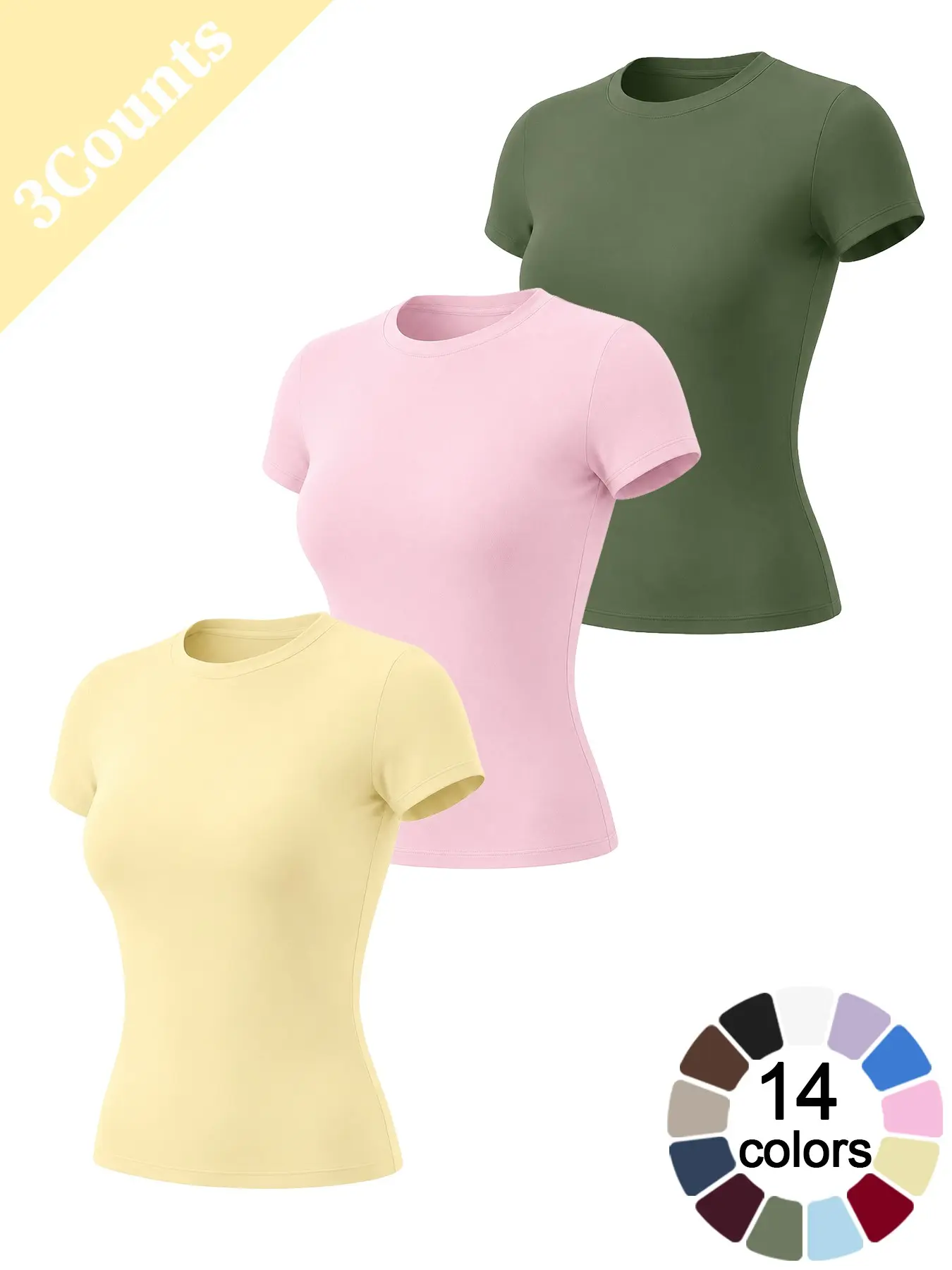 Women’s 3 Pack Athletic Short Sleeve T Shirts Cooling 4 Way Stretch Buttery Soft Slim Fit Solid Color Crew Neck Yoga Tops for Gym Outdoor Running Moisture Wicking Quick Dry Comfortable Breathable Daily Casual Versatile Fitness T Shirts
