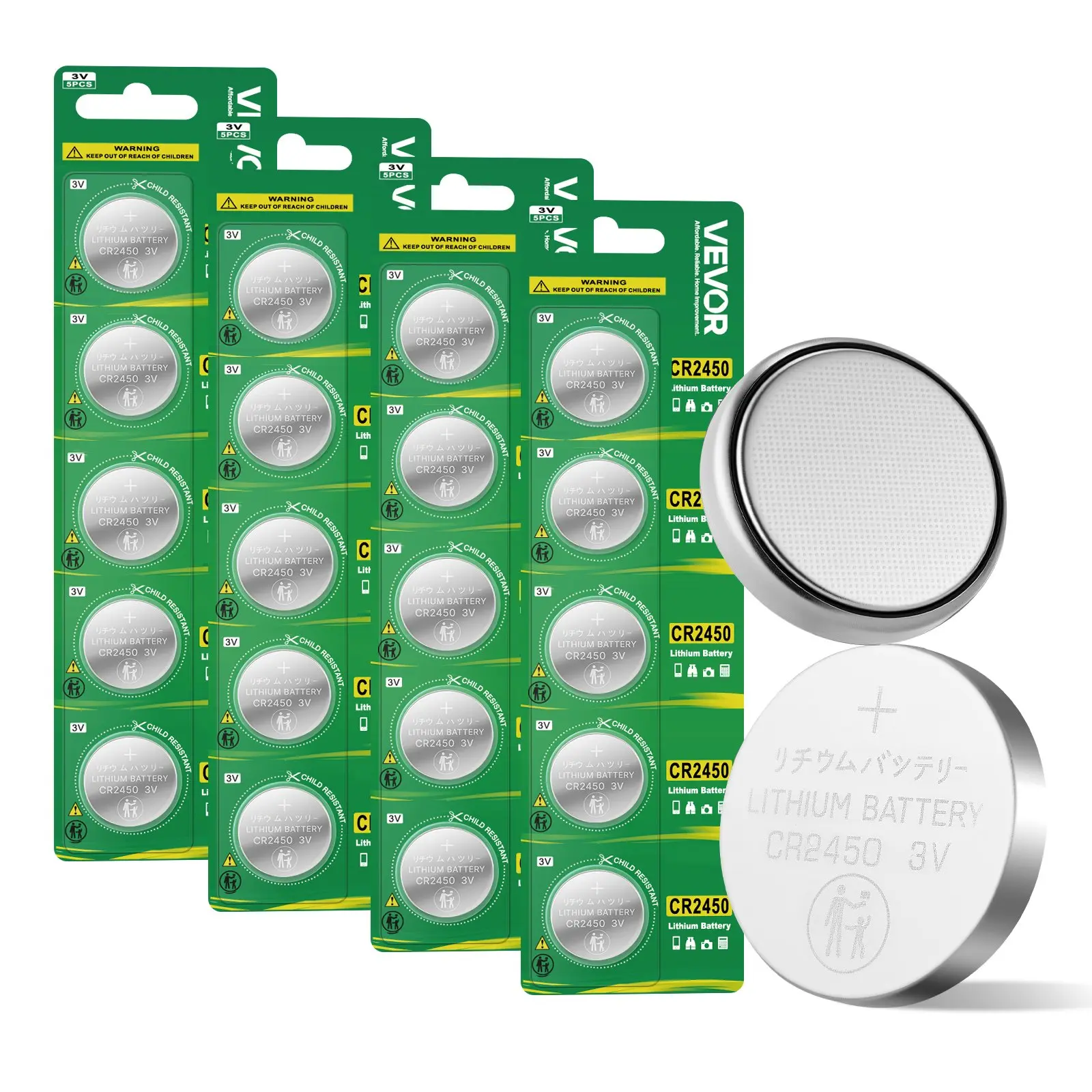【DealsForYouDays】VEVOR CR2450 Lithium Battery, 20 Count (Pack of 4) Lithium Coin Battery, Non-Mercury and Anti-Swallow Designed, Long Lasting 3V CR 2450 Cell Batteries, for Key Fobs, Glucometers, and Other Devices