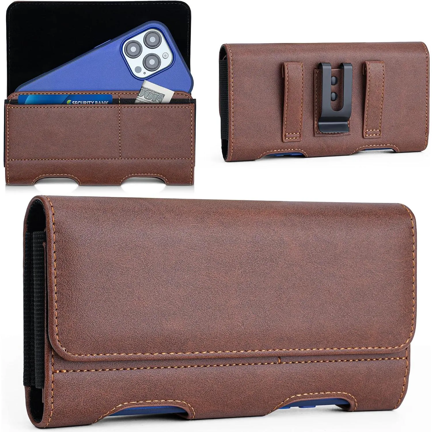 Leather Phone Holster with Heavy Duty Metal Belt Clip and Card Holder, Compatible with  13/12 Mini,  SE,  8/7/6S/6, and Galaxy S7/S6/S5 - Brown