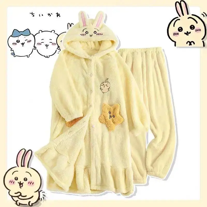 Women's Kawaii Chiikawa Pajama Set, Hooded Long Sleeve Coral Velvet Pants Suit, Warm Winter Loungewear & Nightwear, Pyjamas, Fabric, Cute