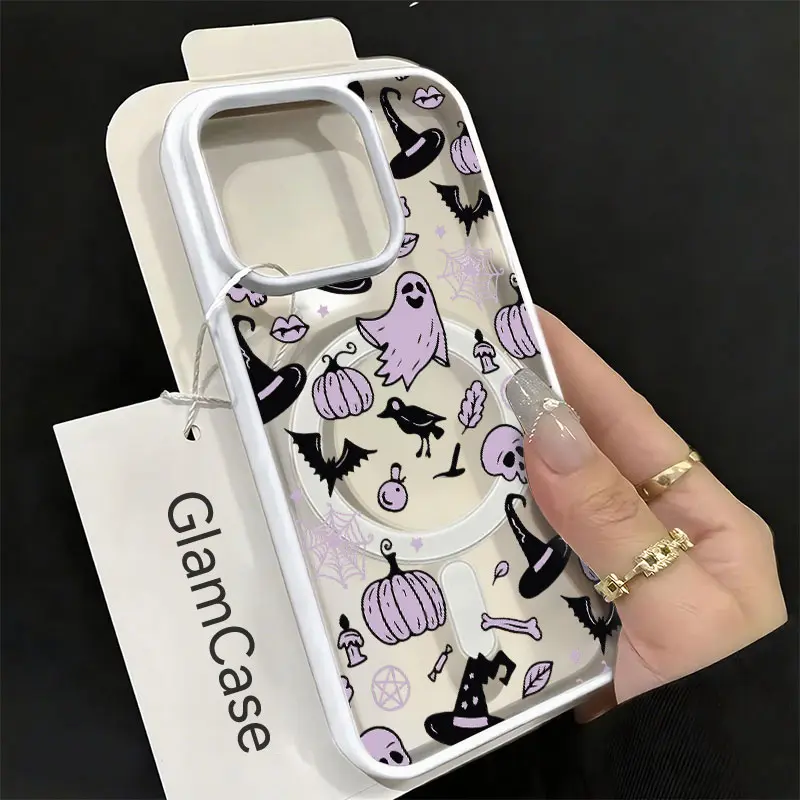 Lavender Purple Witch Skull Ghost Gothic Halloween Pattern Phone Case, Minimal Dark Spooky Vintage Silhouette Style for iPhone 17 16 15 14 13 12 11 Plus Pro Max, Goth Aesthetic Present