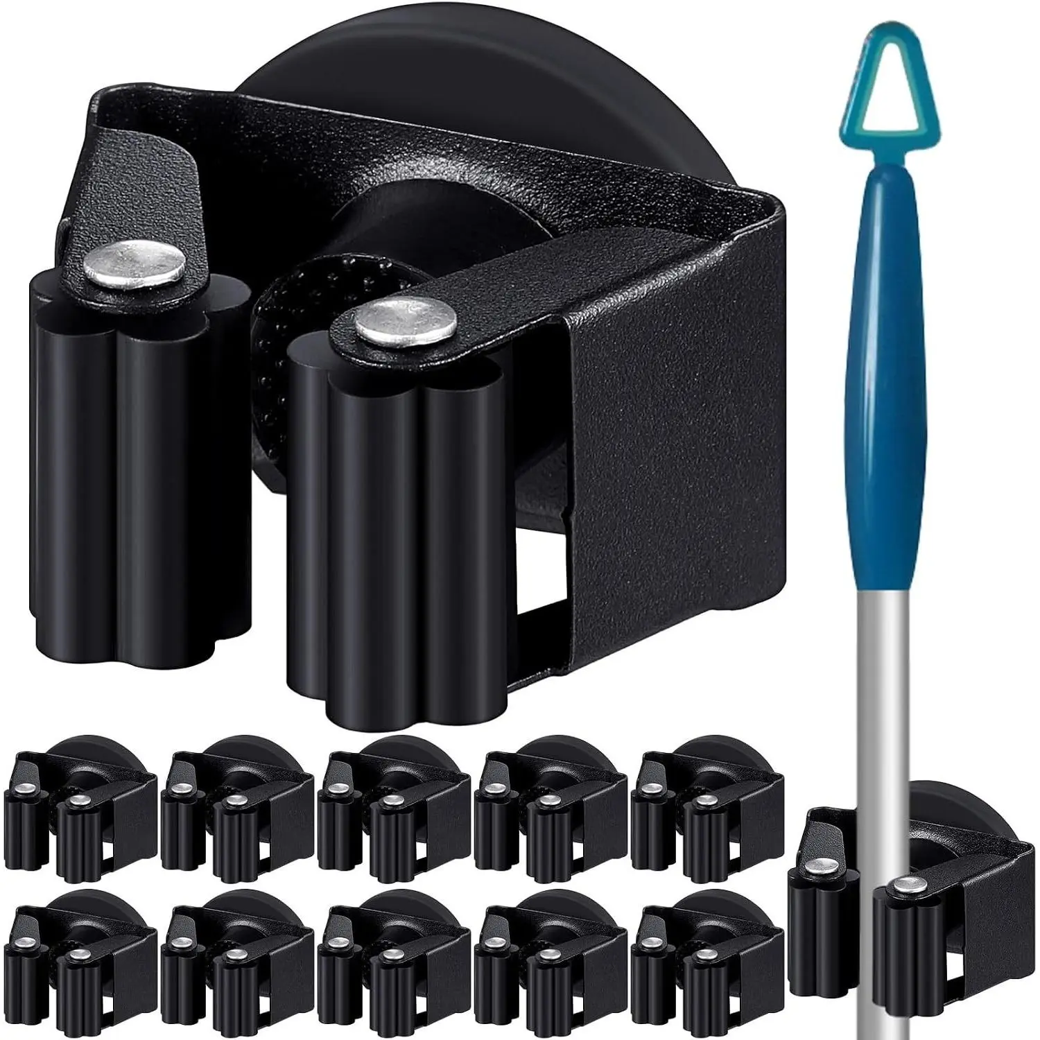 10 Pcs Magnetic Broom Holder Wall Mounted Anti Slip Rack,Black | Movable Magnetic Organizer for Mops Brooms, Dual Roller Grip, Wall Storage for Garage Kitchen Laundry Garden Tools