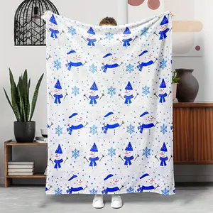 1Pc Cozy Christmas Flannel Blanket With Snowmen & Snowflakes Design, Soft & Warm Winter Throw For Couch, Bed, Or Office, Machine Washable, Anti-Tear, 200-250G, Perfect Holiday Gift, Holiday Home Decor |   Cheerful Winter Blanket |   Soft Flannel Blanket,