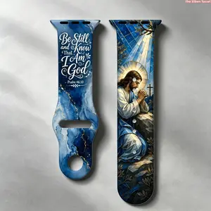 Christian Faith Double Side Printed Jesus Bible Verse Sport Silicone Watch Band Compatible With iWatch Stained Glass Praying Jesus & Psalm 46 Text Blue Gold Marble Pattern Religious Watch Gift Strap