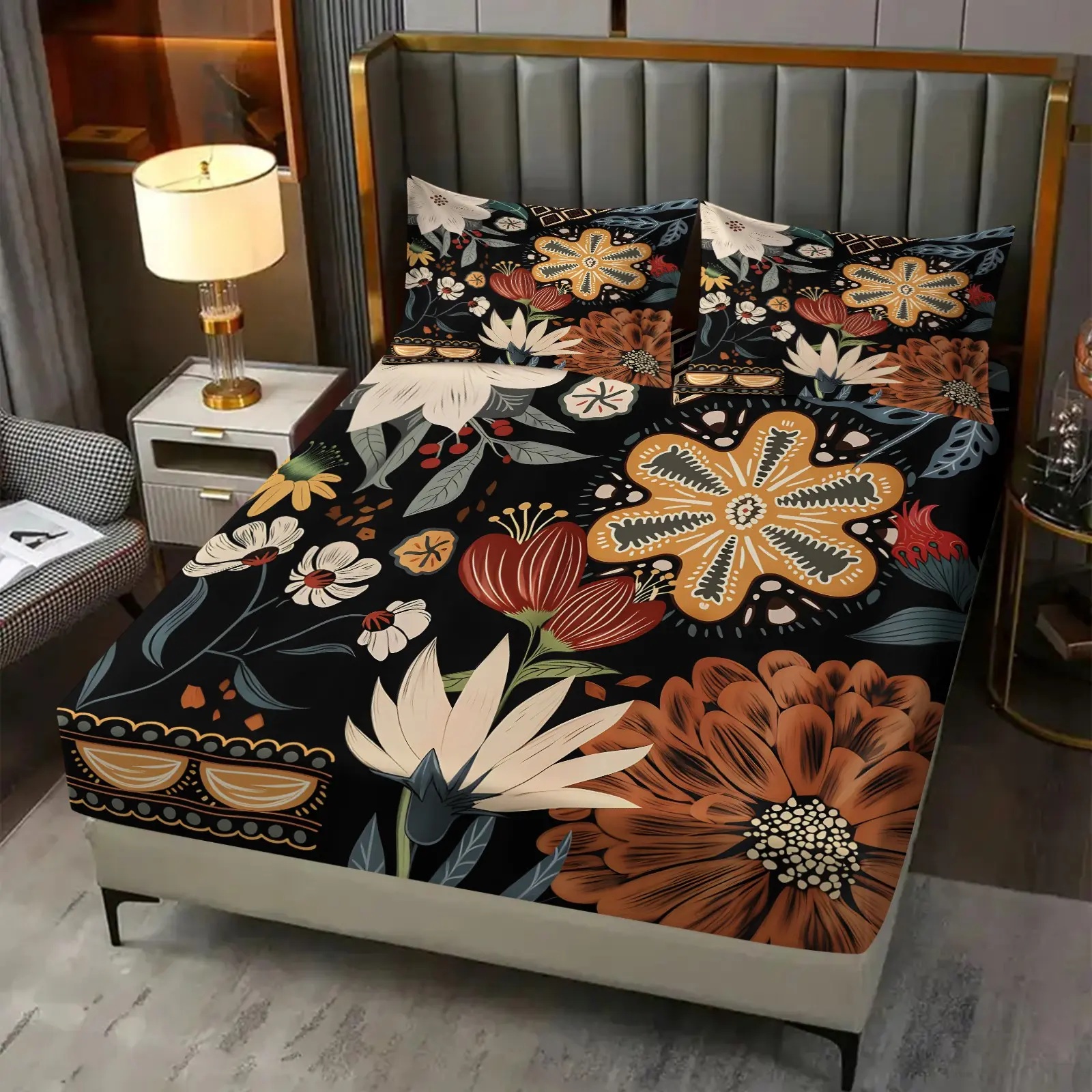 3pcs Rustic Boho Style Dark Background Wildflower Fitted Sheet Set (1+2 Pillowcases), Dopamine Retro Folk Style Warm Tone Floral Bedding Set, Dark Floral Bedroom Decoration, Gift for Plant Art Enthusiast